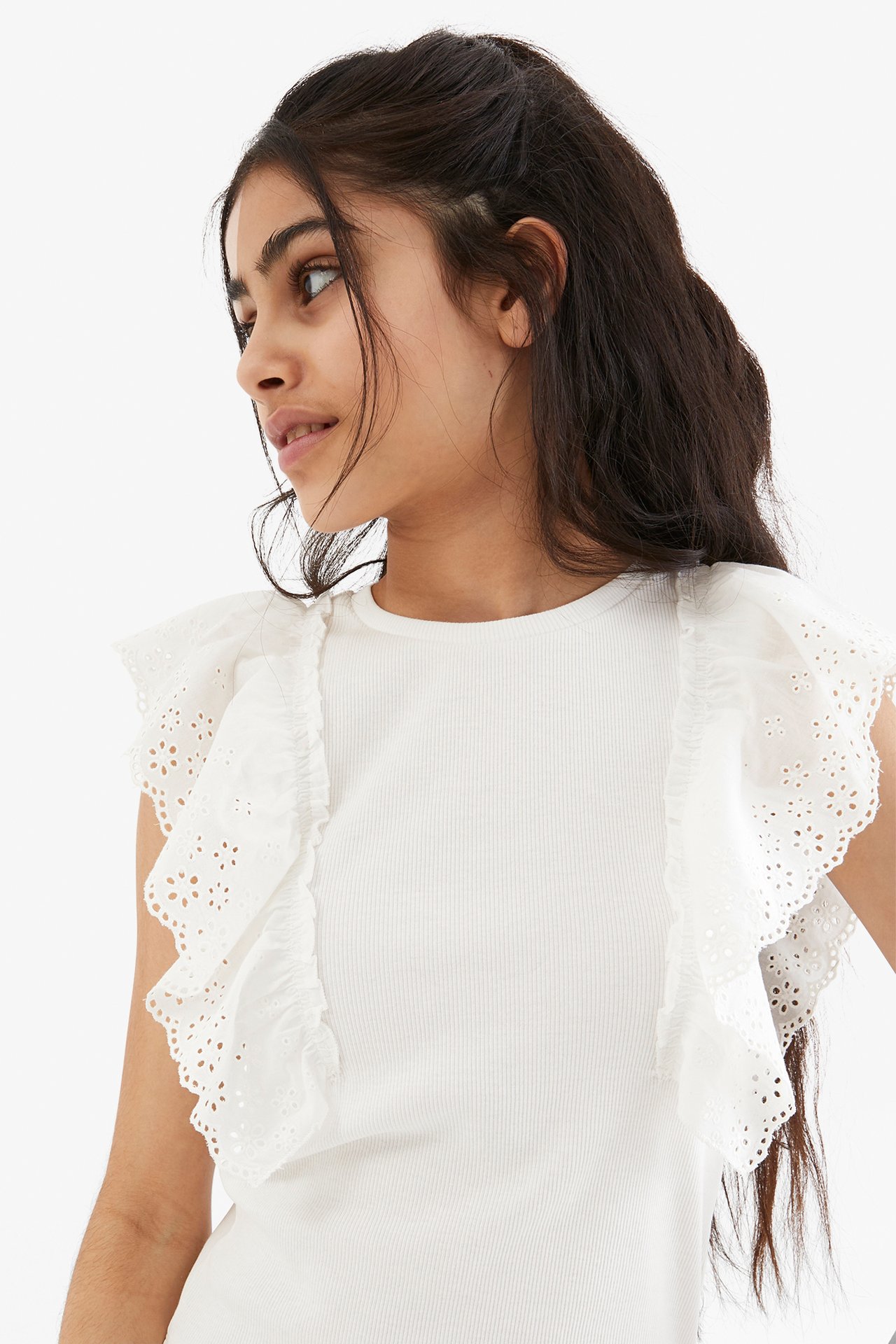 Topp med broderie anglaise Offwhite - null - 1
