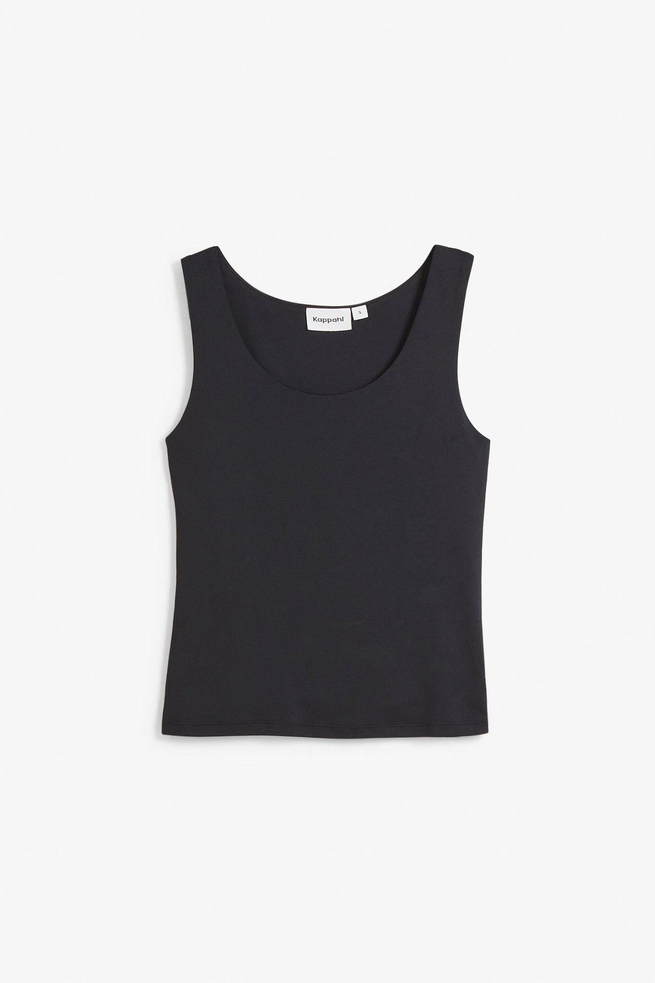 Forfra, en svart tettsittende singlet med rund hals i polyamid og elastan.