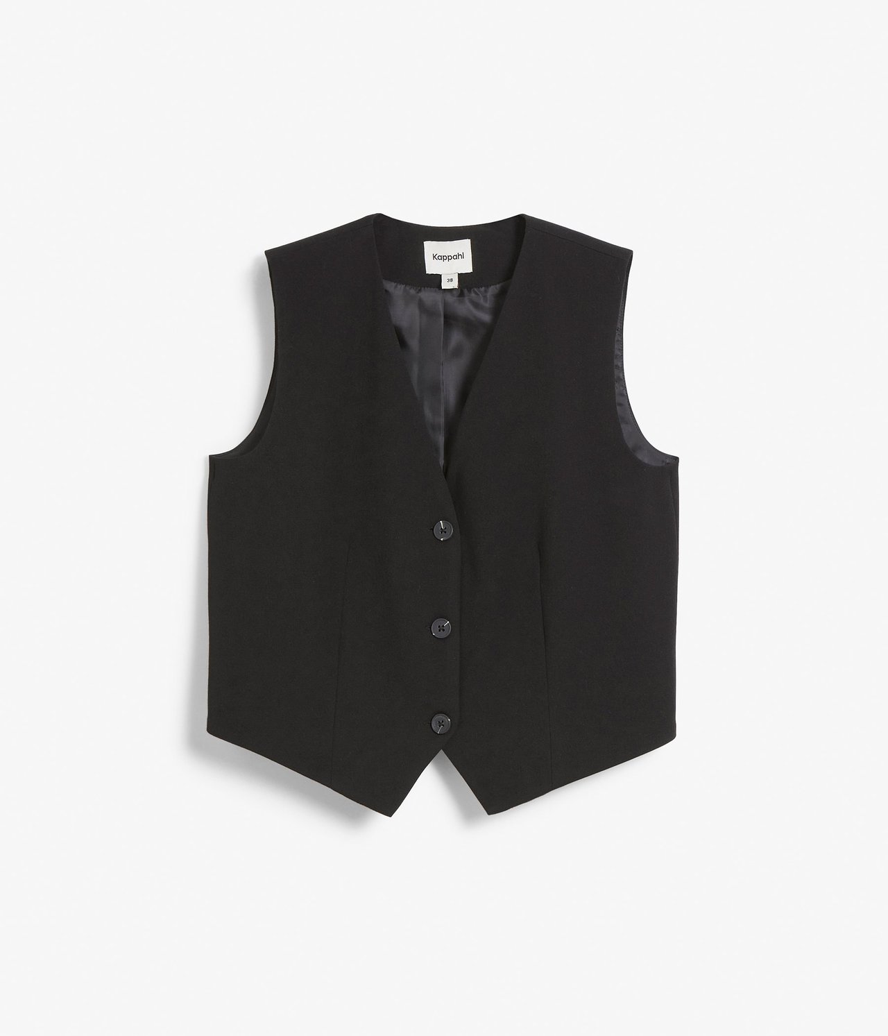 Widok z przodu czarnej, krótszej kamizelki garniturowej z dekoltem w serek i trzema guzikami.