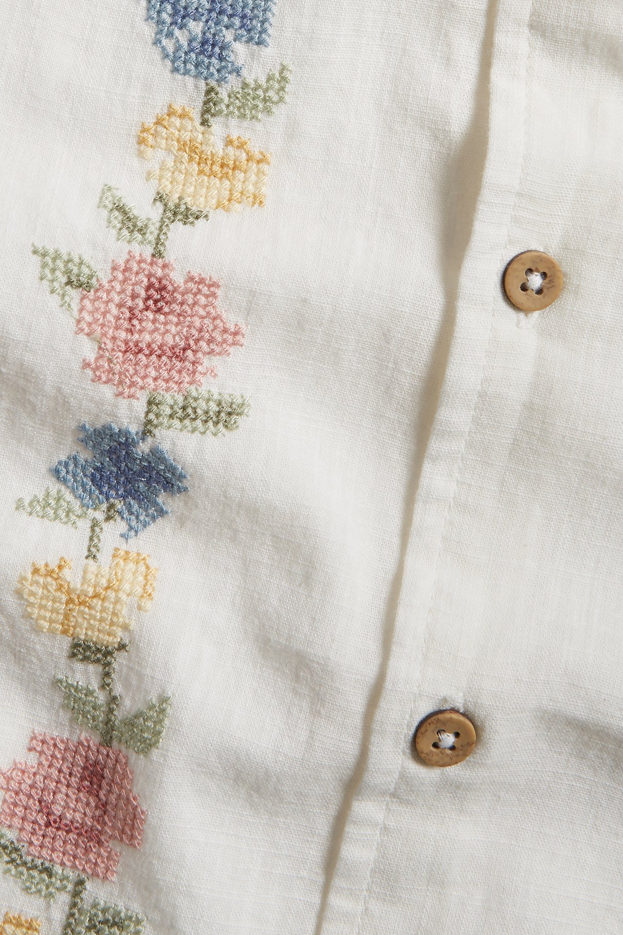 Kortärmad skjorta med blomsterbroderi - Offwhite - 5
