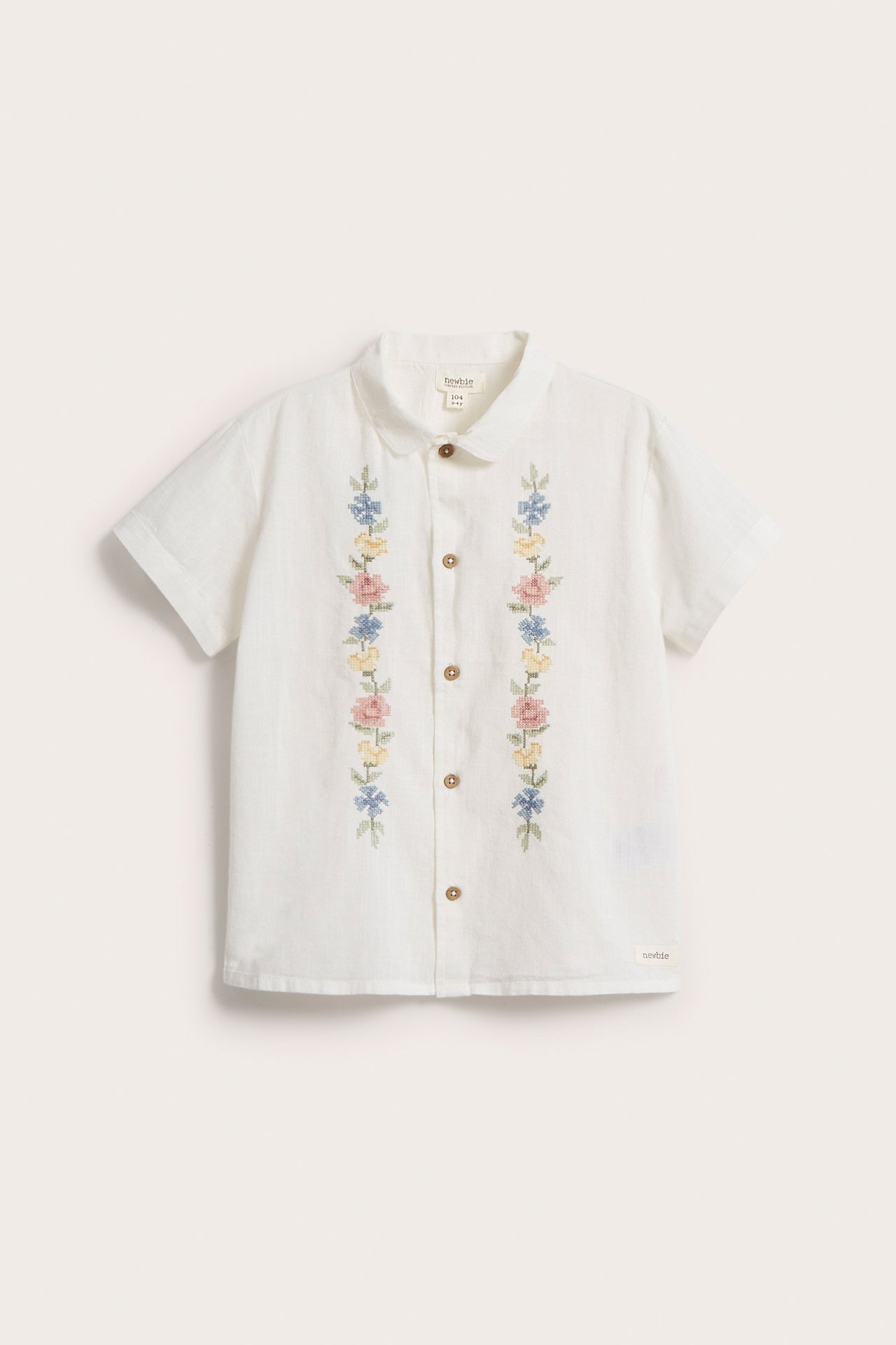Kortärmad skjorta med blomsterbroderi - Offwhite - 6