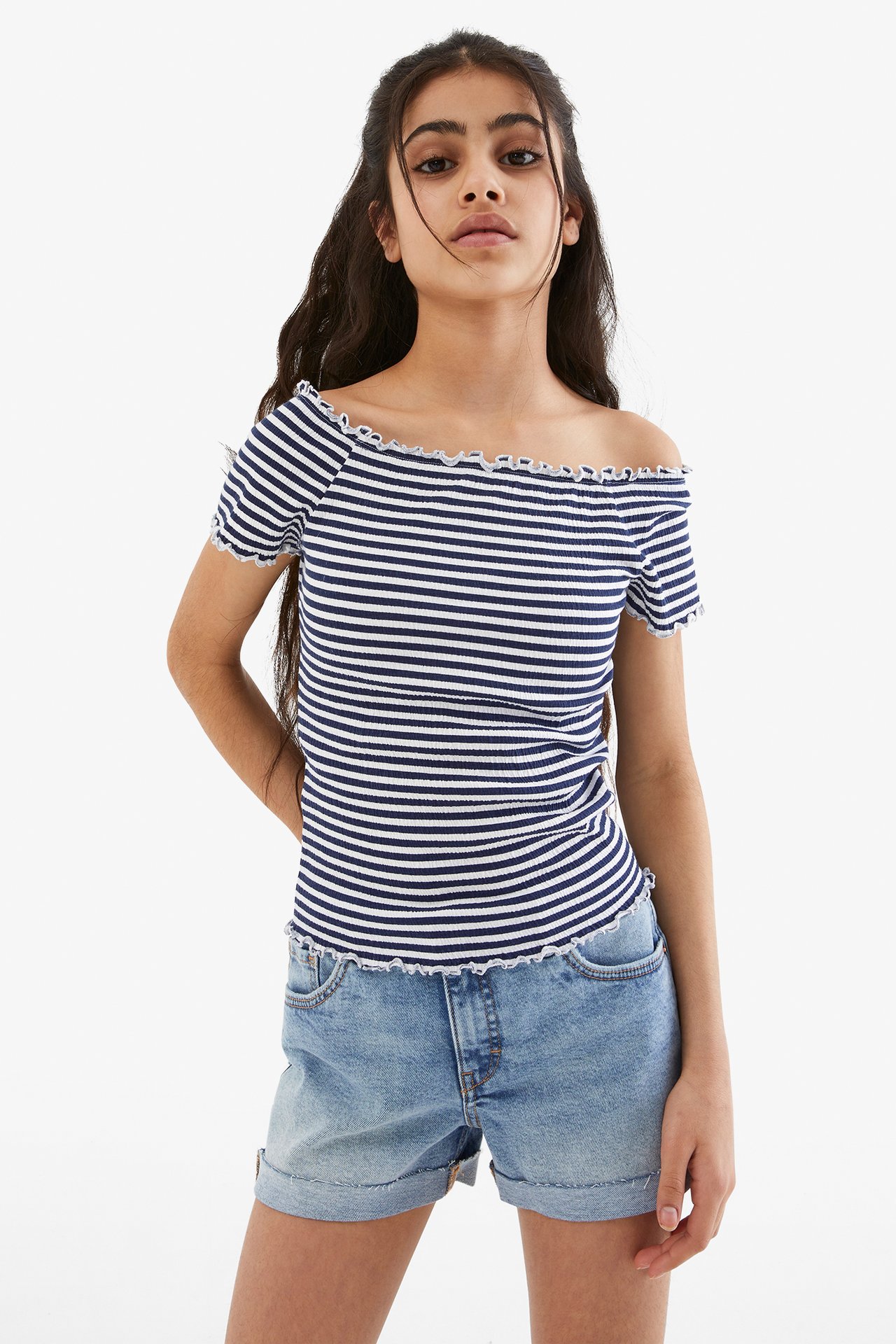 Raidallinen off shoulder -paita - Sininen - 3