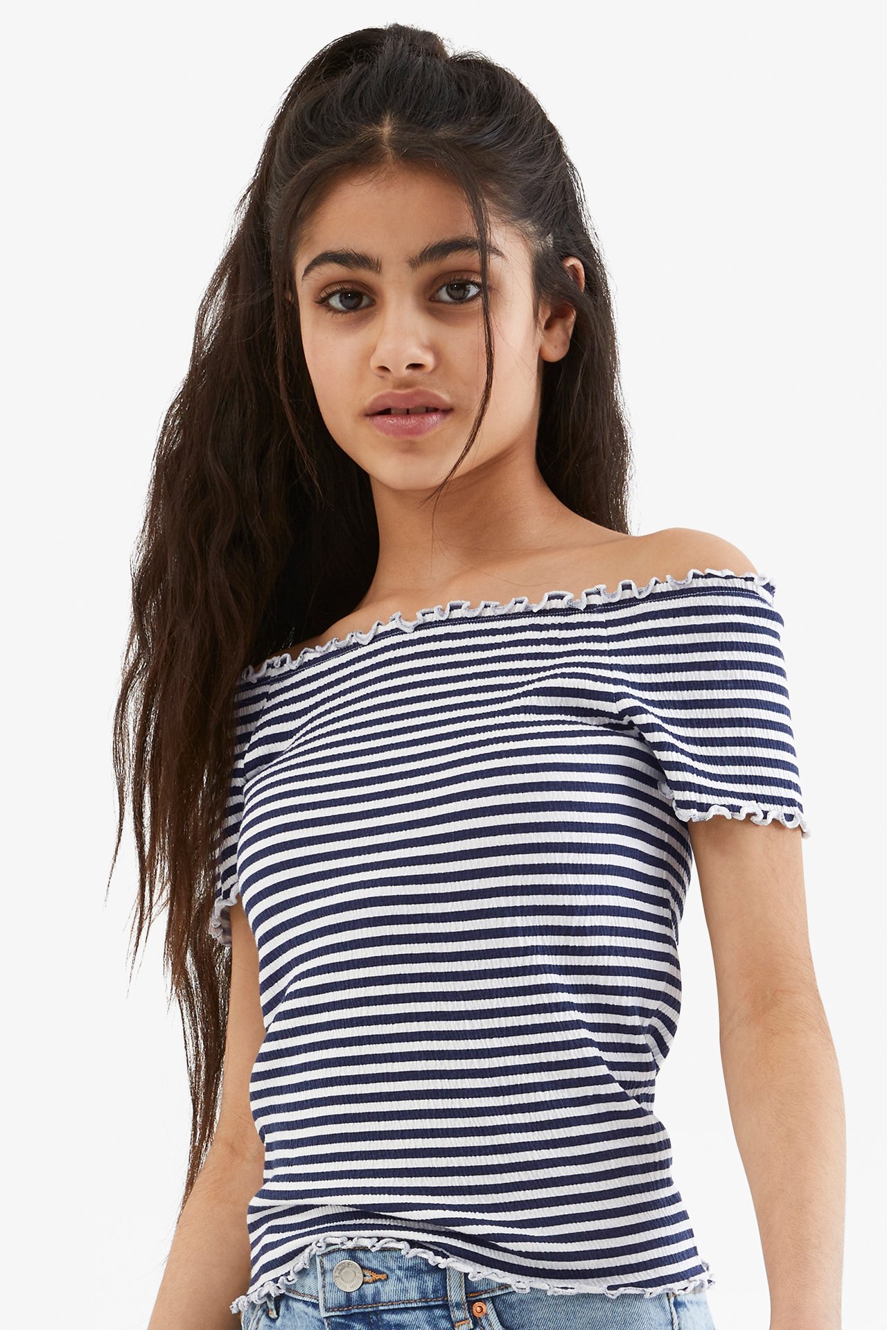 Raidallinen off shoulder -paita - Sininen - 1