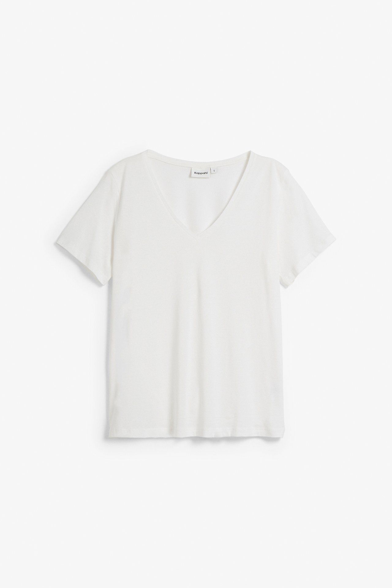 Widok z przodu: biały, krótki rękaw, dekolt w serek, bawełniany T-shirt, ułożony płasko.