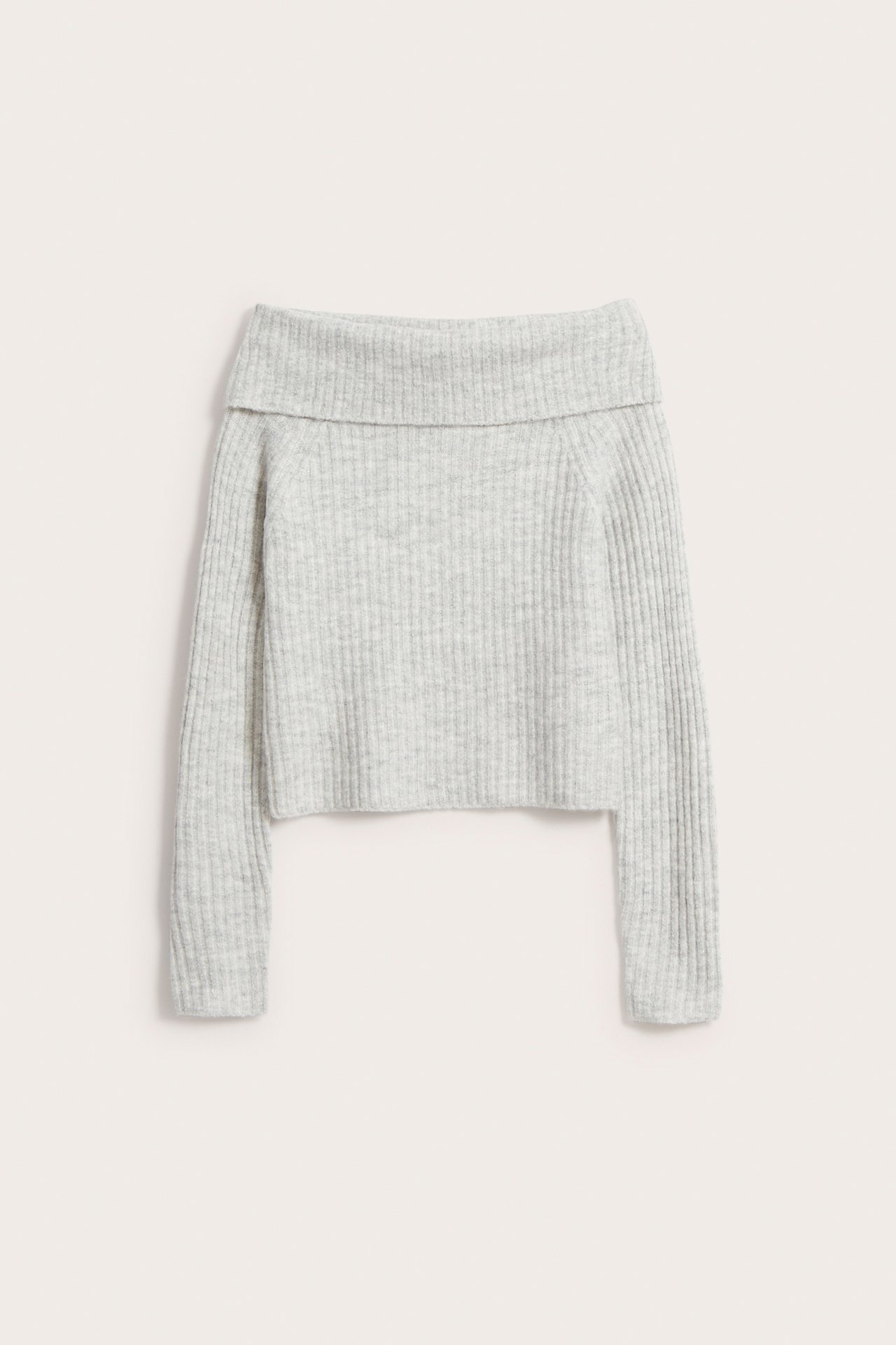 Ribbstickad off shoulder-tröja - Ljusgrå - 5