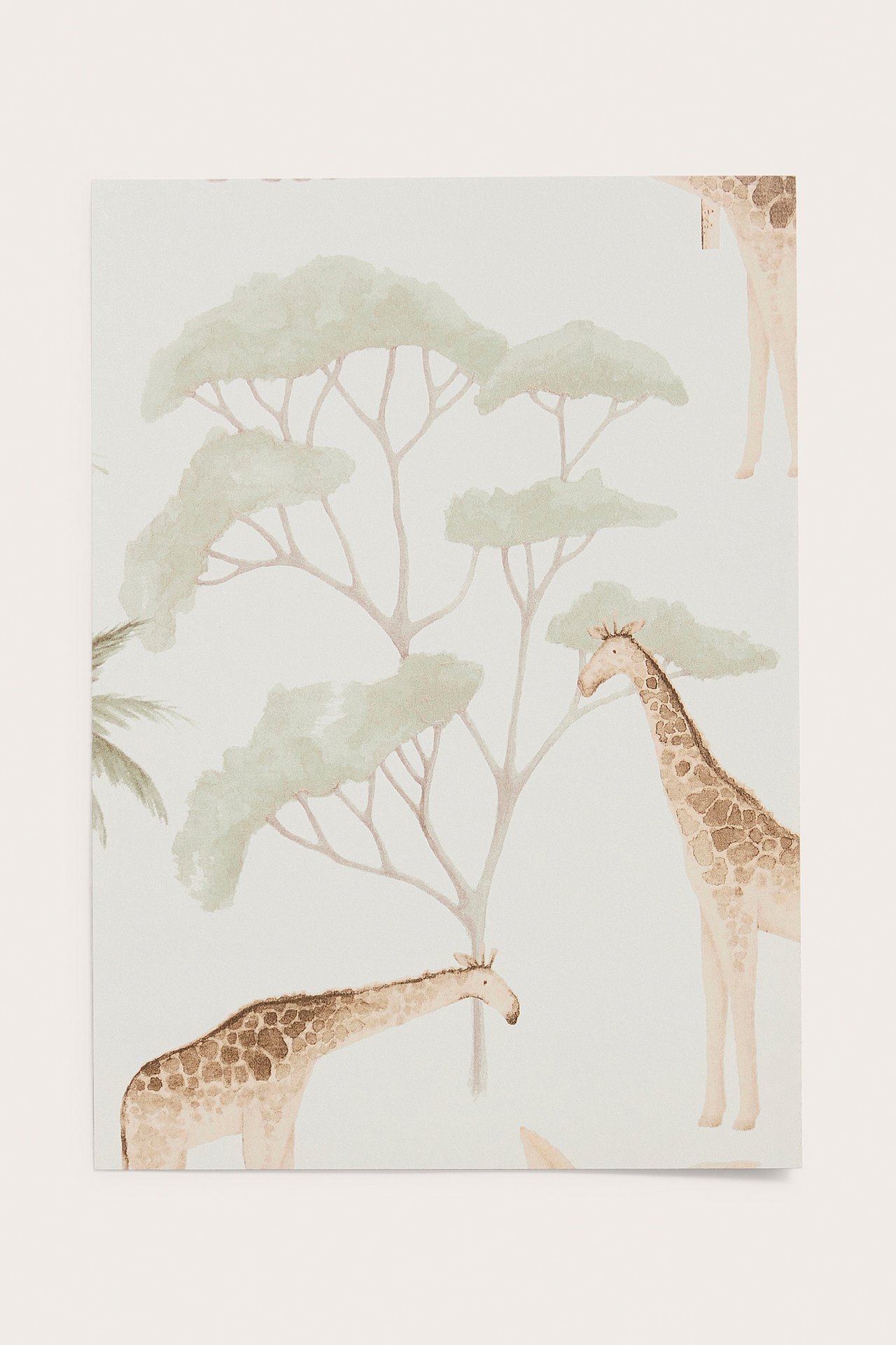 Etunäkymä valkoisesta kuitukangastapetista, jossa on savannieläinkuvio, esittäen kirahveja ja puita.