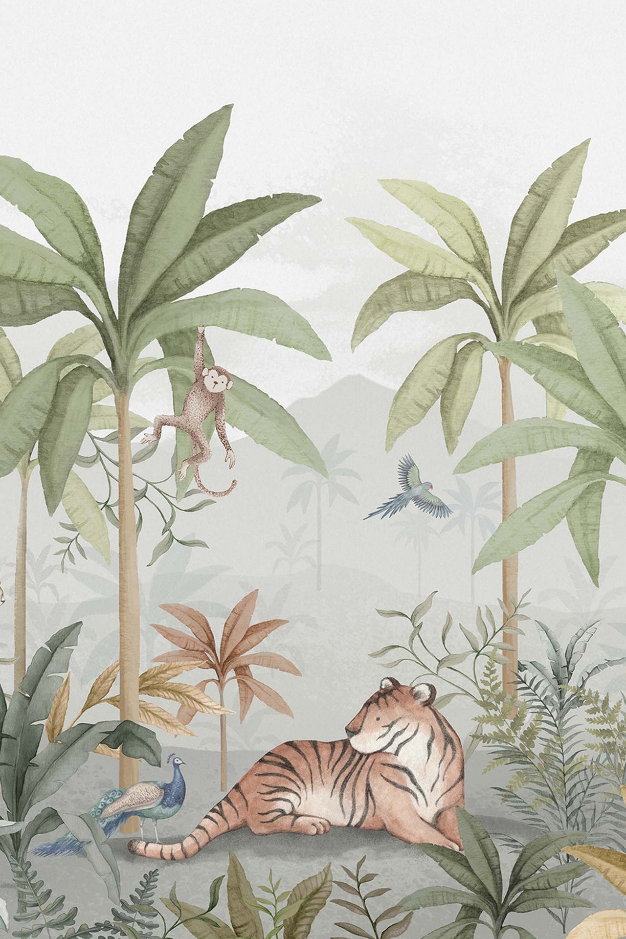 Widok z przodu jasnozielonej tapety muralowej z motywem dżungli: tygrysem, małpą i ptakami.