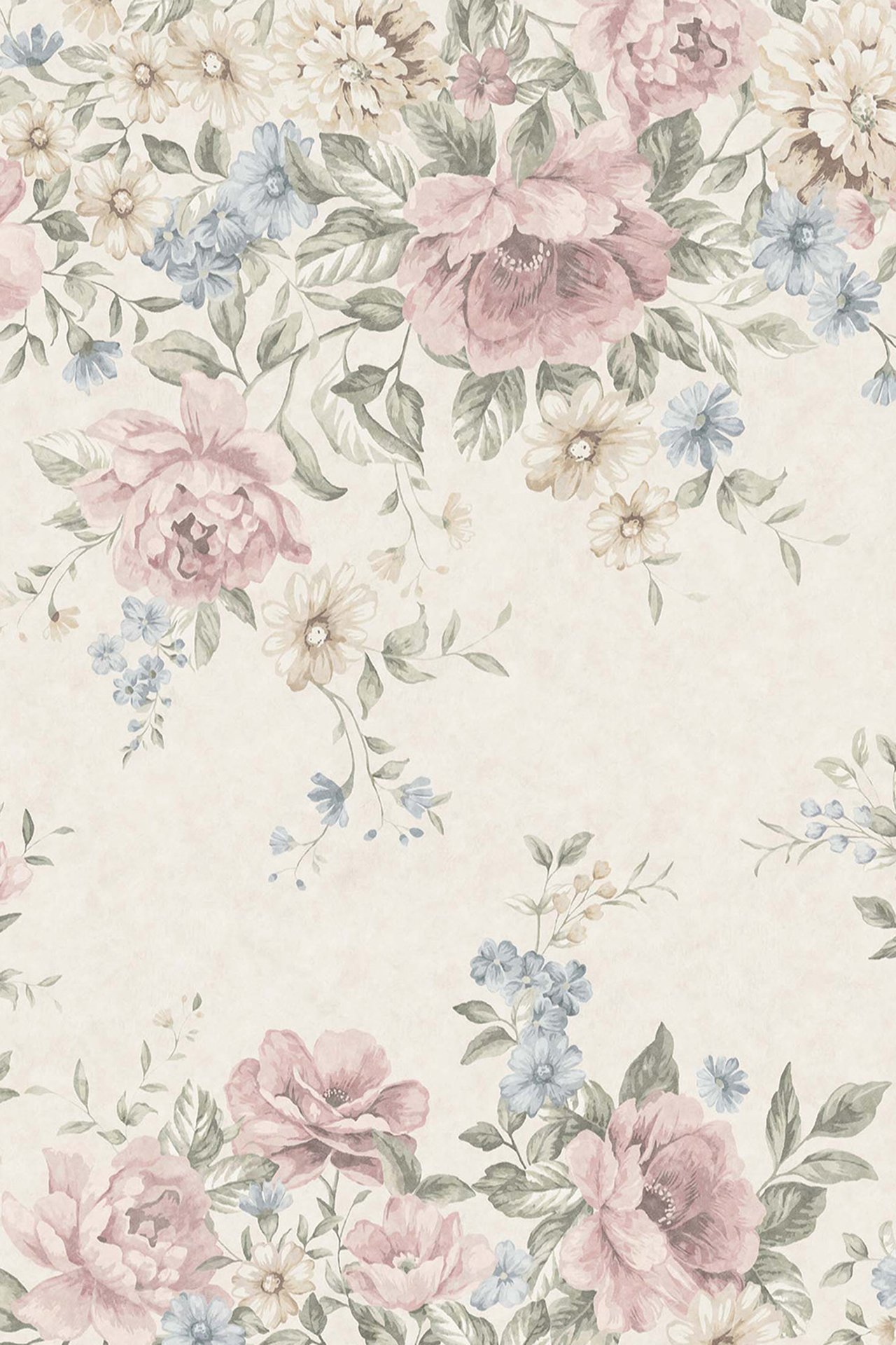 Pełny widok beżowej tapety w kwiaty z różowymi, niebieskimi i jasnożółtymi kwiatami.