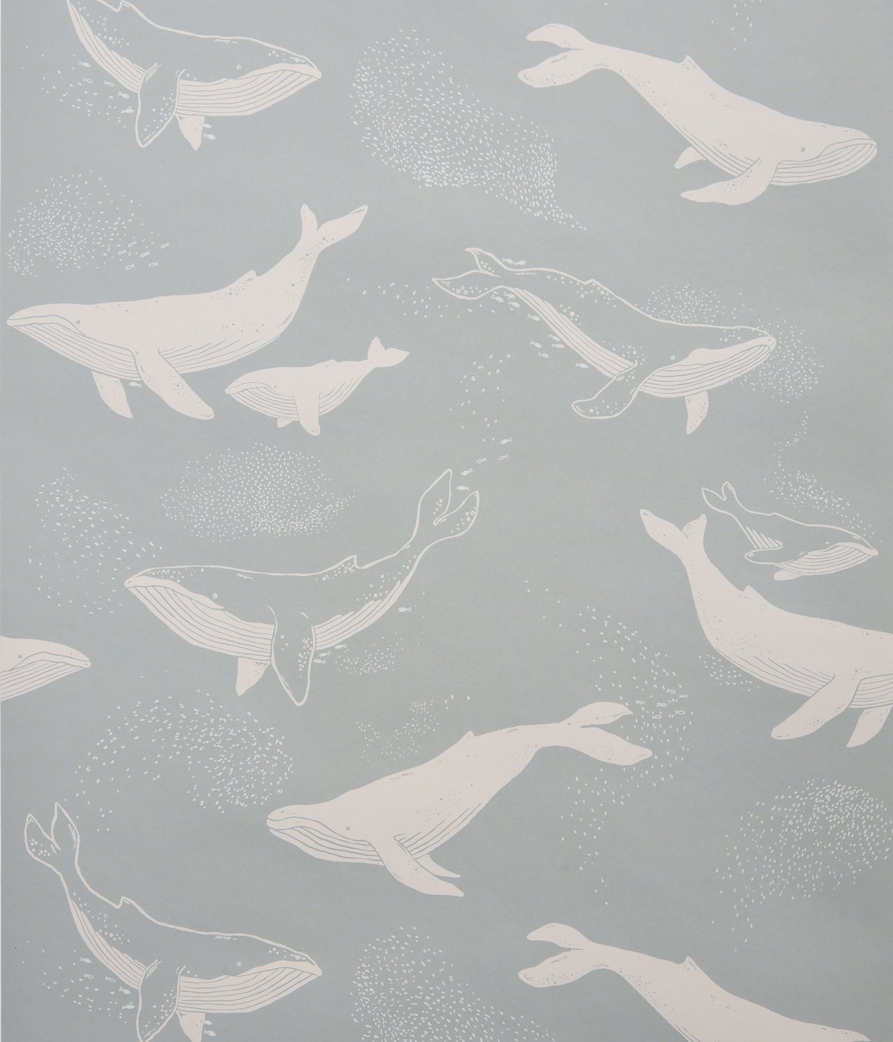 Widok z przodu jasnoniebieskiej tapety z białymi wzorami wielorybów i małymi białymi kropkami.