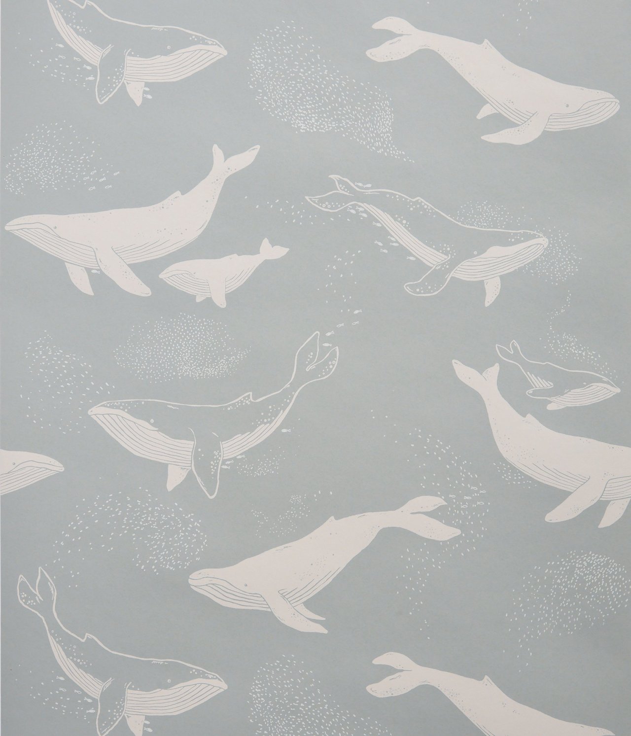 Widok z przodu jasnoniebieskiej tapety z białymi wzorami wielorybów i małymi białymi kropkami.