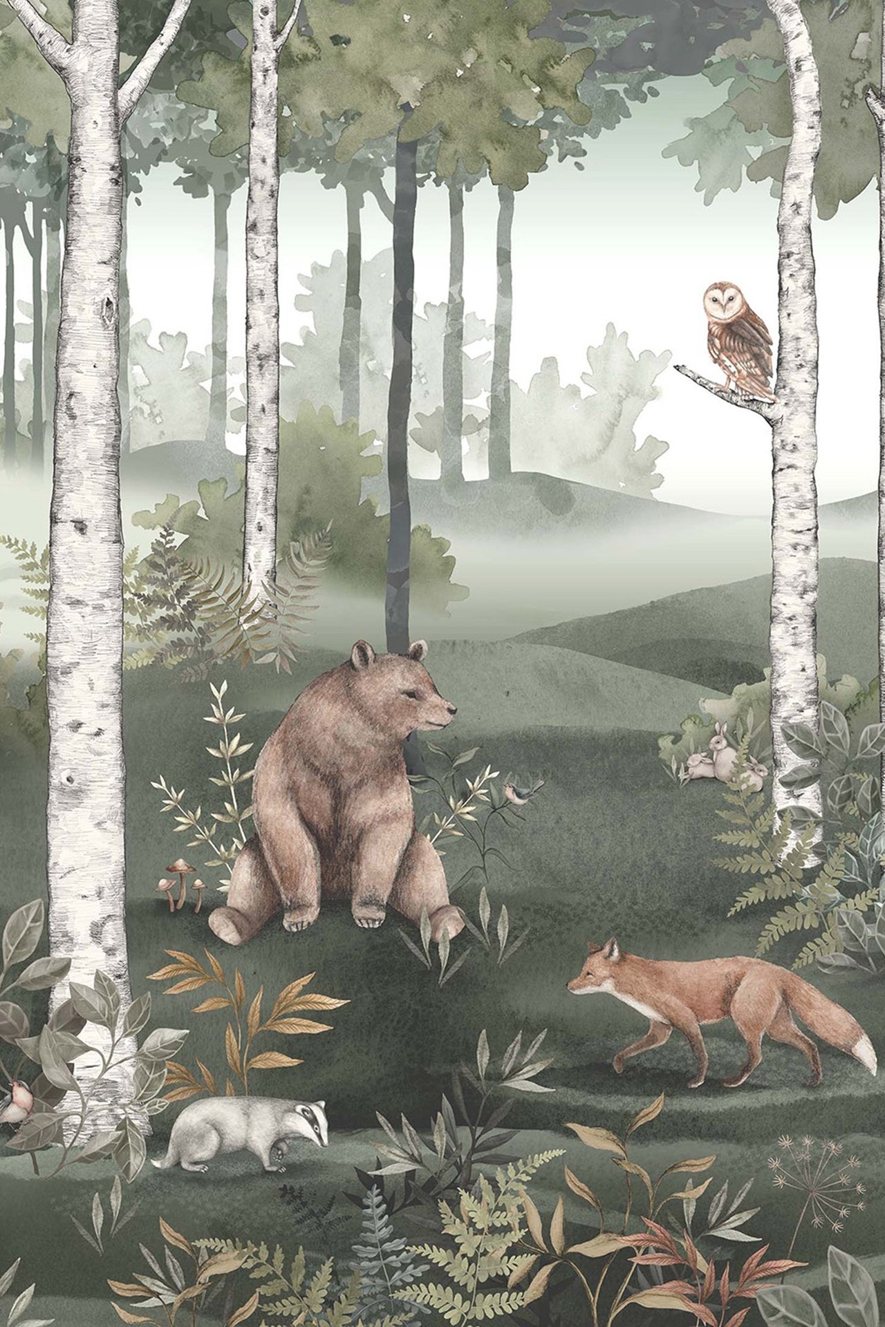 Vihreä tapettimuraali, jossa eläinkuvio esittää metsää karhun, ketun, mäyrän ja pöllön kanssa.