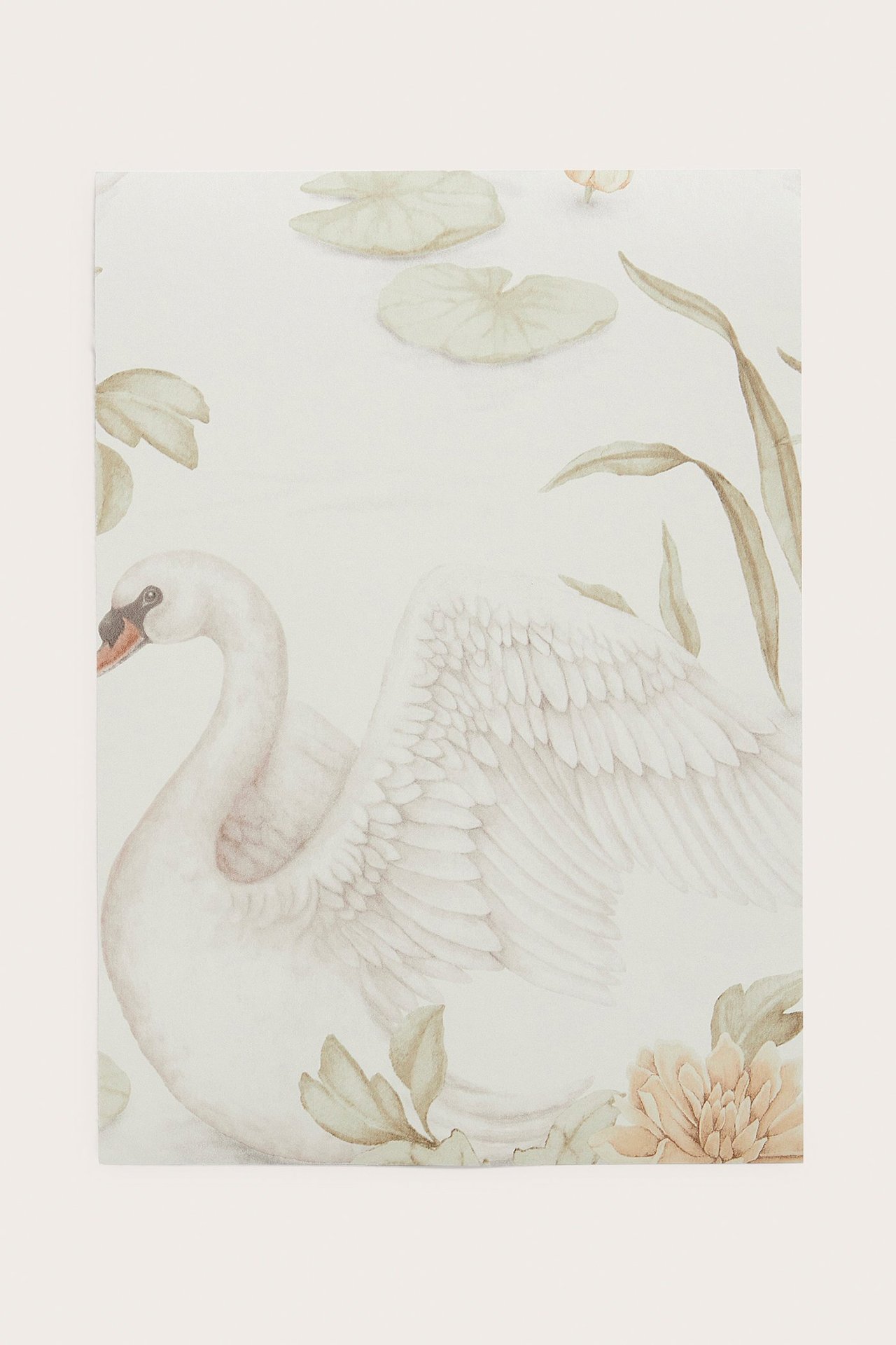 Nærbilde av en hvit papirtapetprøve med detaljert mønster av svane, vannliljer og planter.