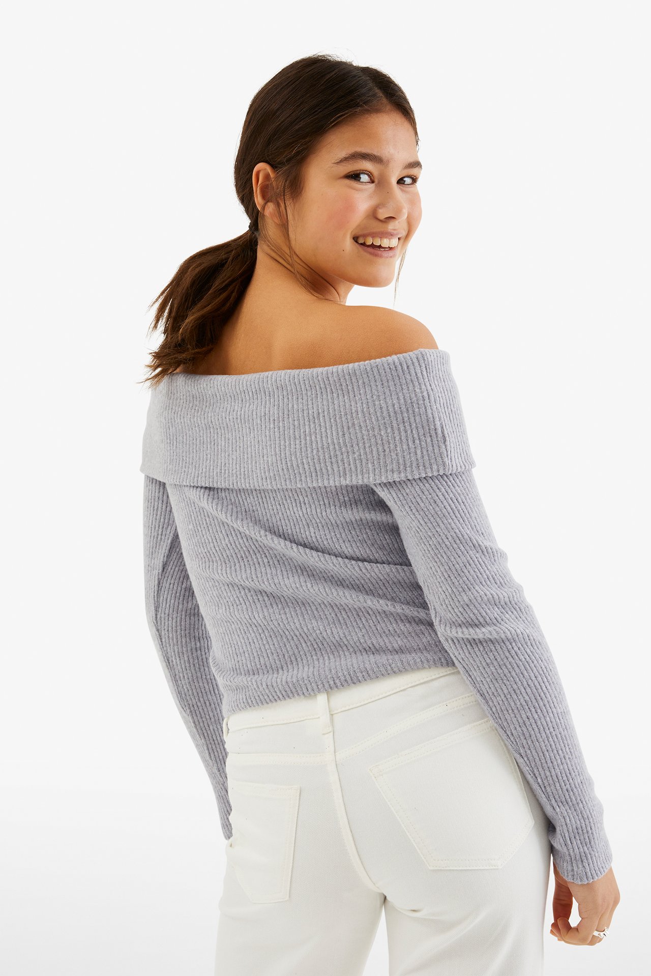Ribbad off shoulder-topp - Ljusgrå - 6