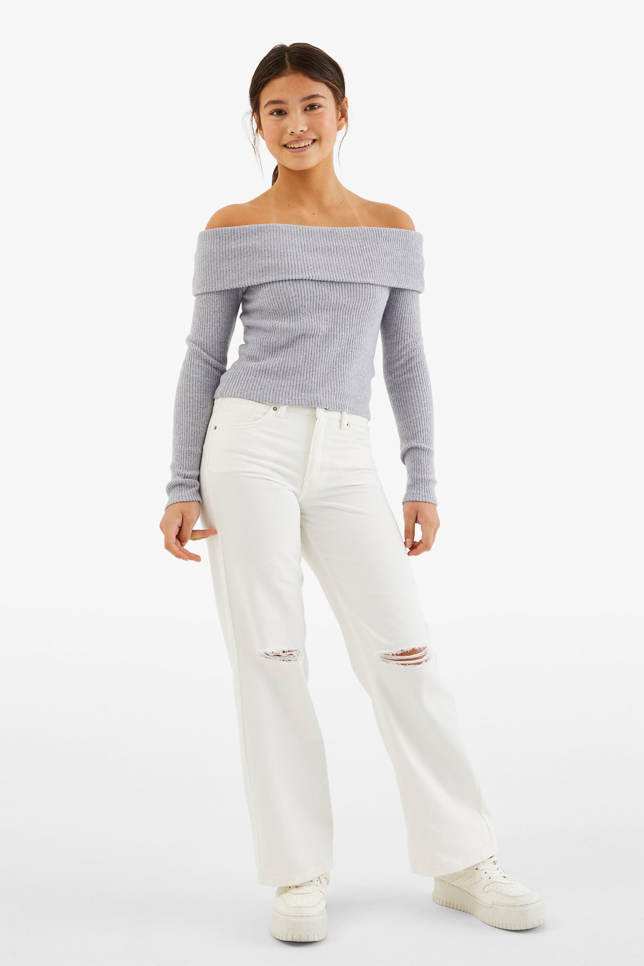 Ribbad off shoulder-topp - Ljusgrå - 2