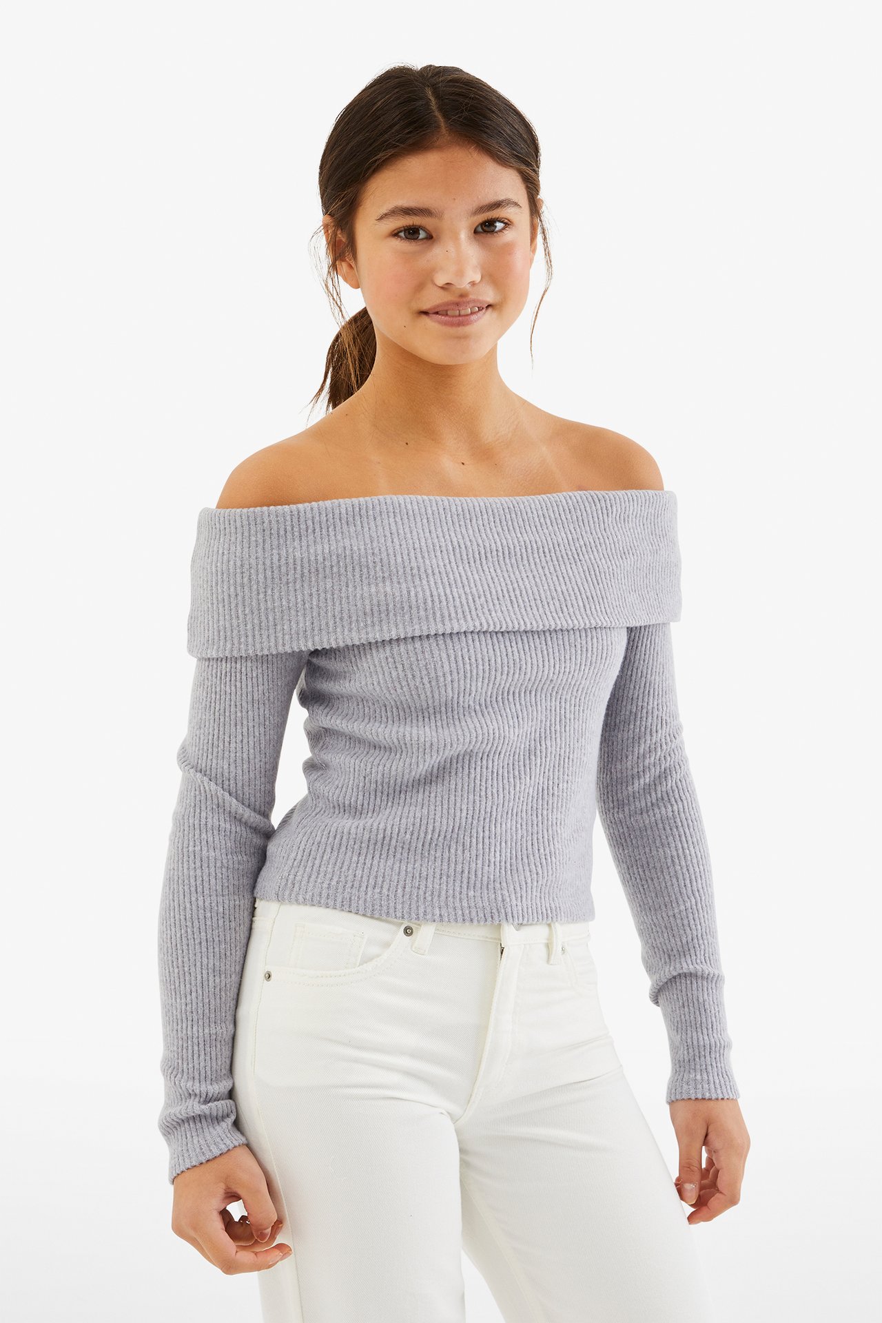 Ribbad off shoulder-topp - Ljusgrå - 3
