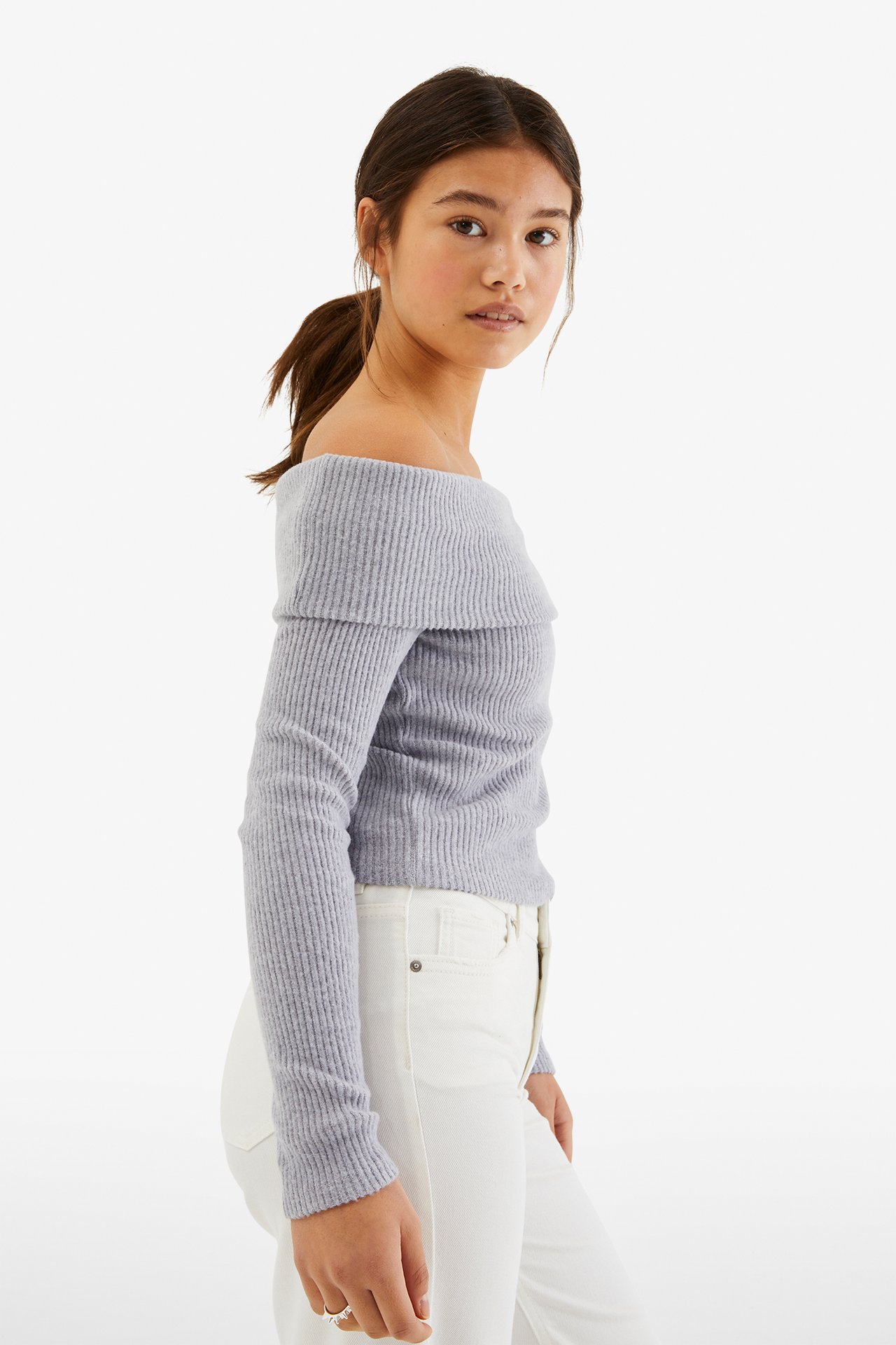 Ribbad off shoulder-topp - Ljusgrå - 4