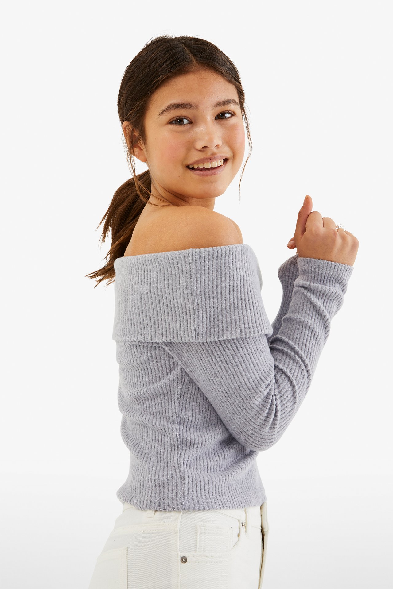Ribbad off shoulder-topp - Ljusgrå - 5