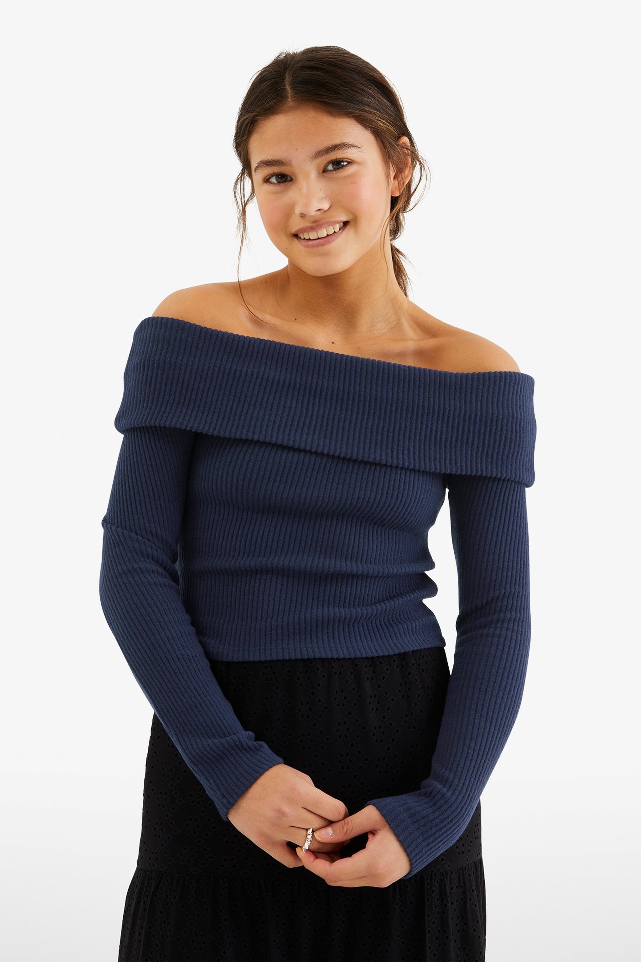 Ribattu off-shoulder-paita - Sininen - 2