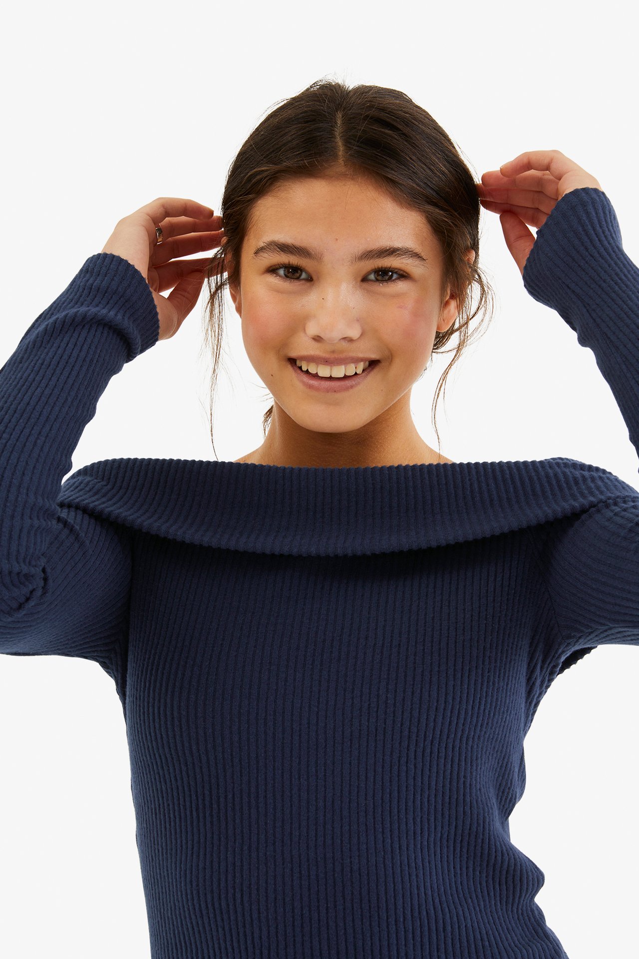 Ribattu off-shoulder-paita - Sininen - 3