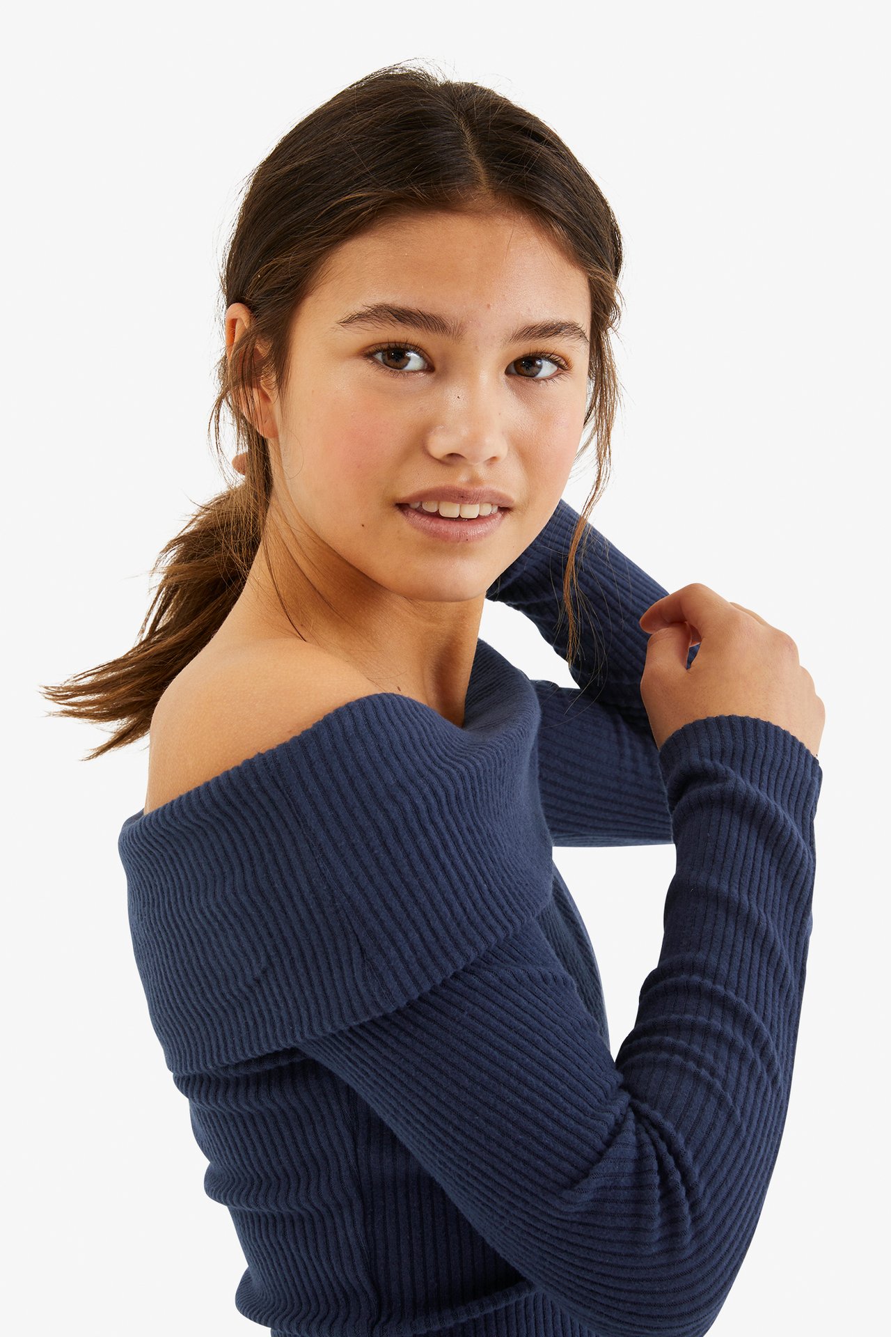 Ribattu off-shoulder-paita - Sininen - 1