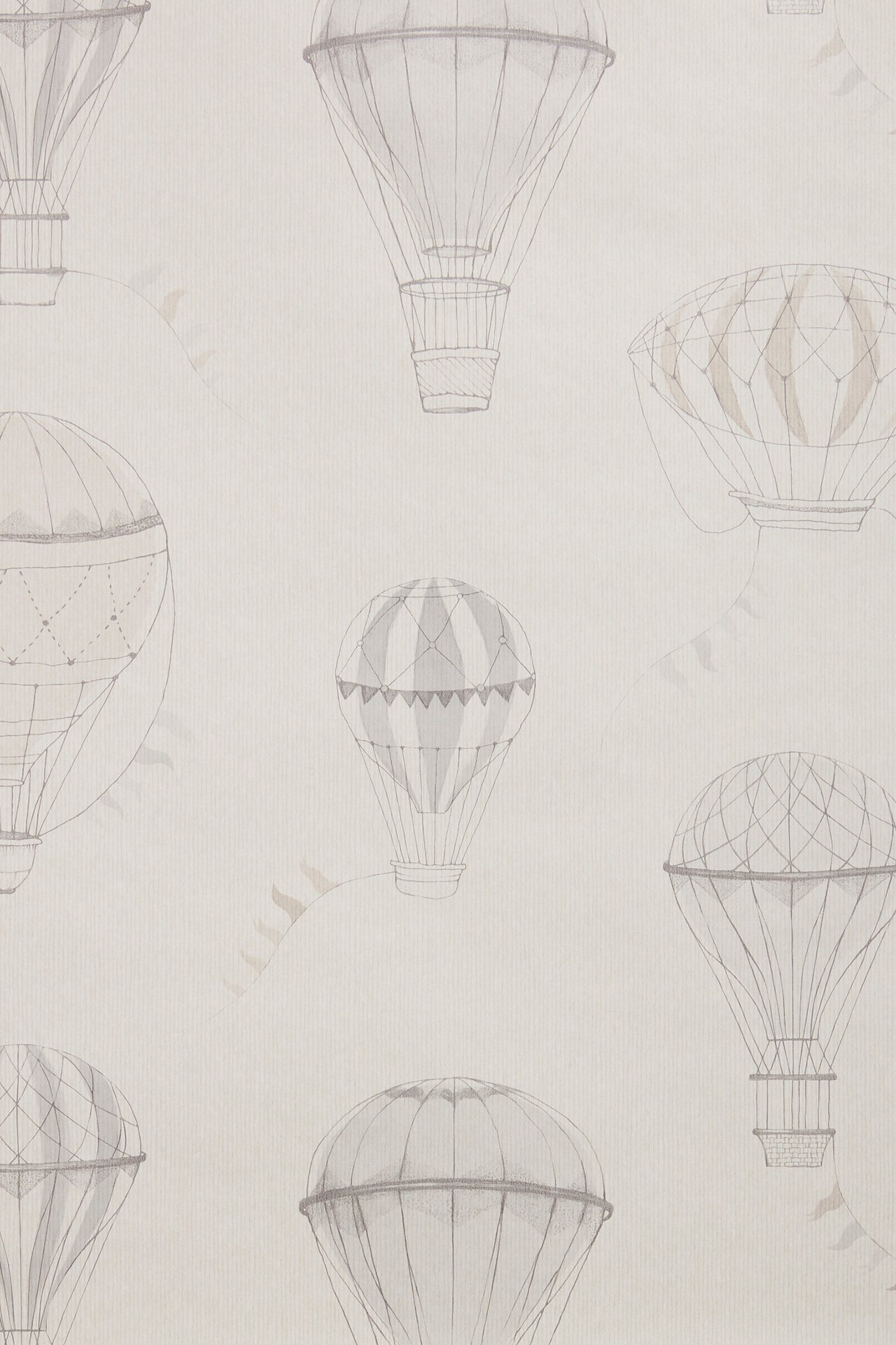 Pełny widok beżowej tapety flizelinowej z wzorem szarych i beżowych balonów na ogrzane powietrze i proporczyków.
