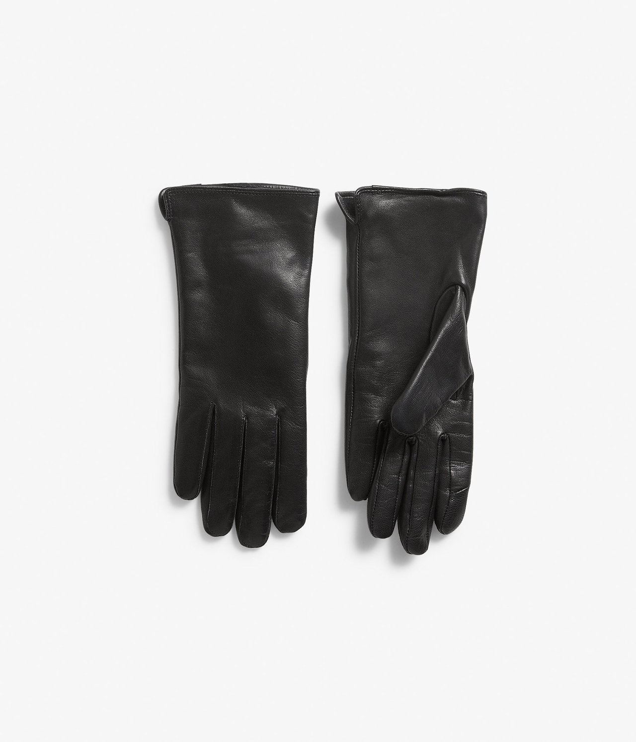 Widok z góry na parę czarnych skórzanych rękawiczek z funkcją ekranu dotykowego.