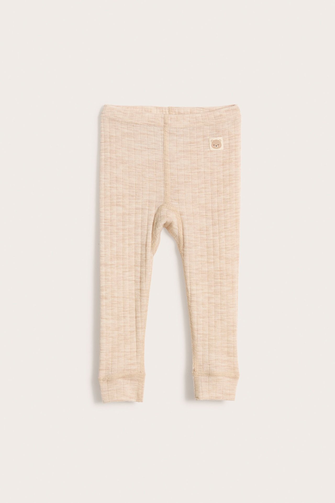 Ribbestrikket leggings i ull baby - Melert beige - 2