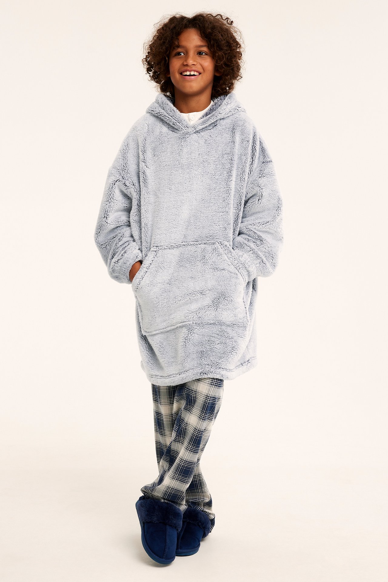 Bluza oversize z kapturem, z polaru - Szary melanż - 1
