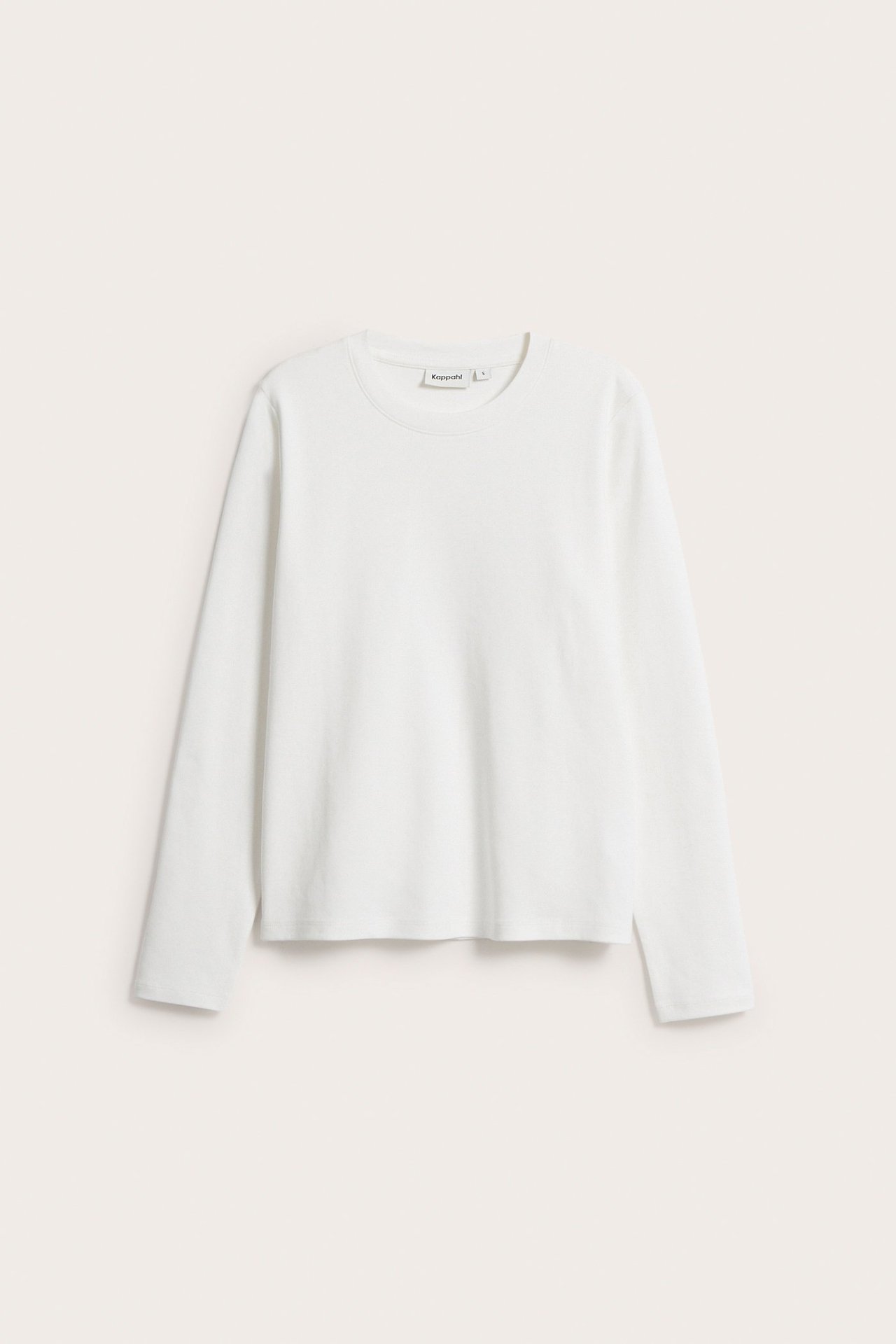 Forfra, offwhite langermet t-skjorte i bomull med rund hals.