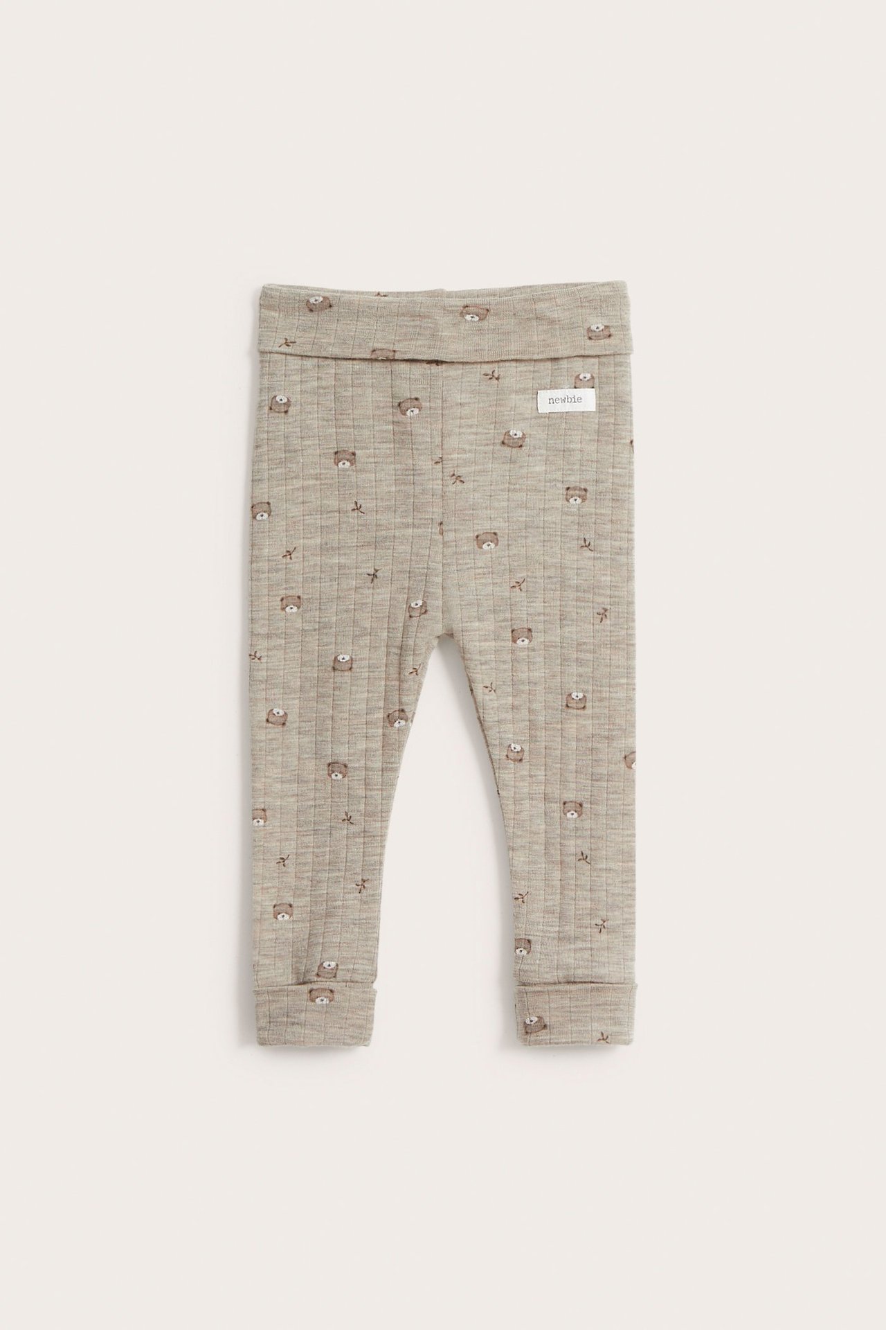 Ribbestrikket leggings i ull baby - Melert beige - 2