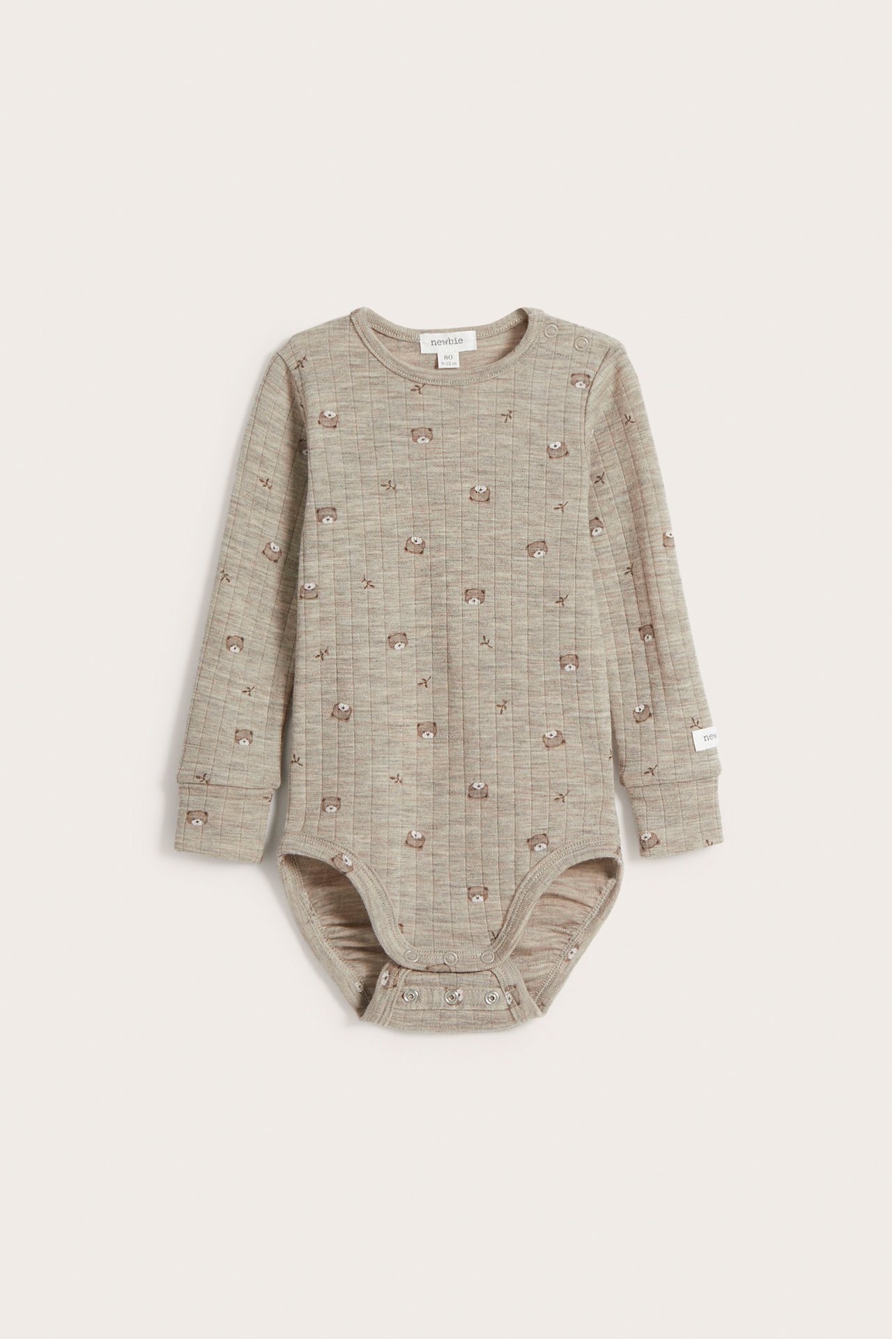 Ribbestrikket body i ull til baby - Melert beige - 3