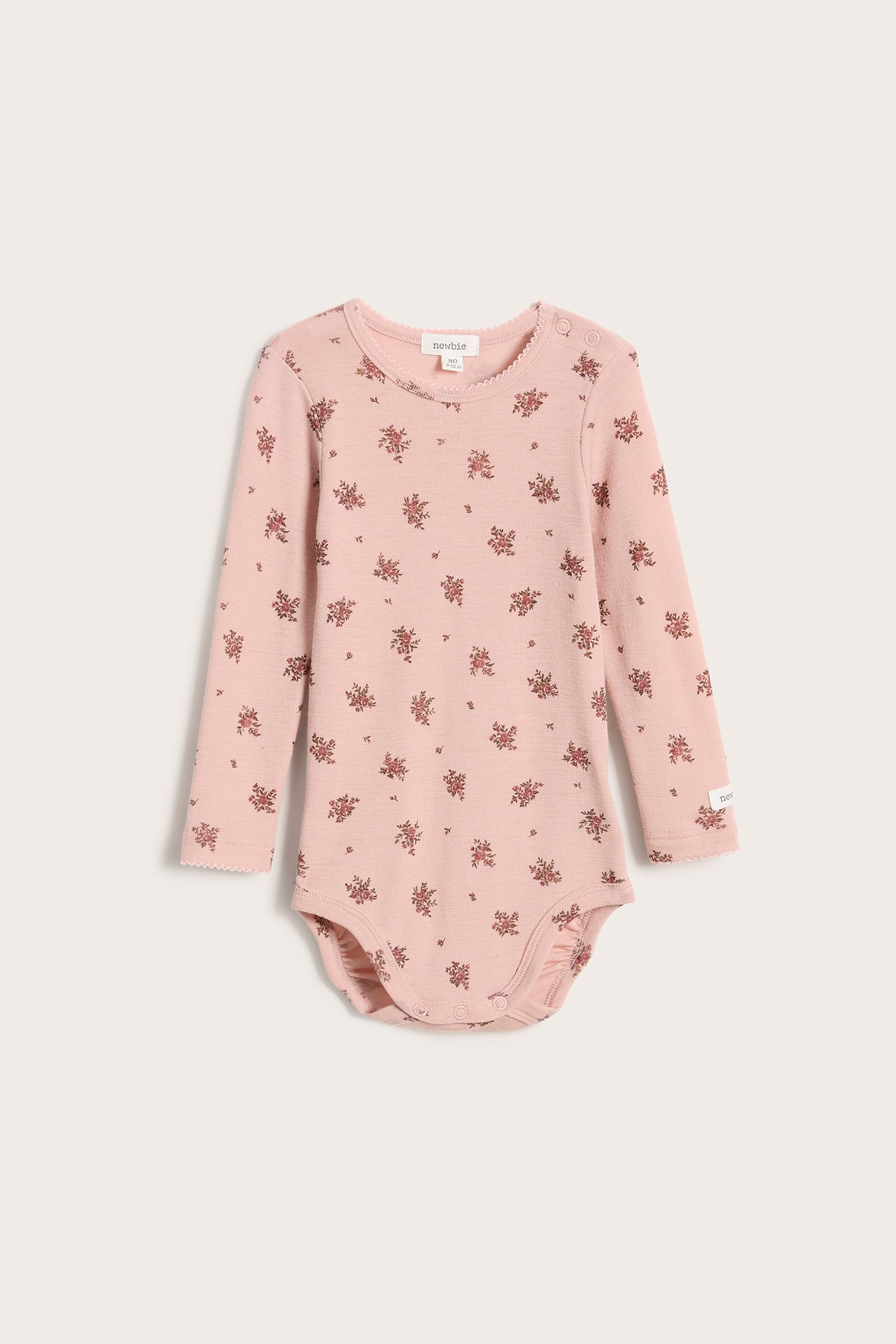 Blommig body i merinoull baby - Rosa - 2