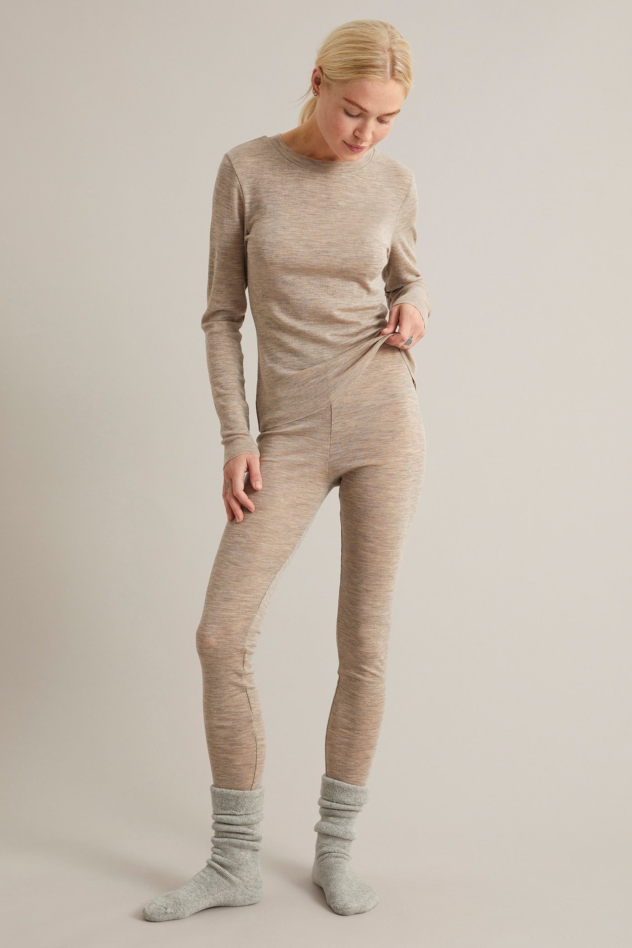 Leggings i merinoull - Melerad beige - 176cm / Storlek: S - 2