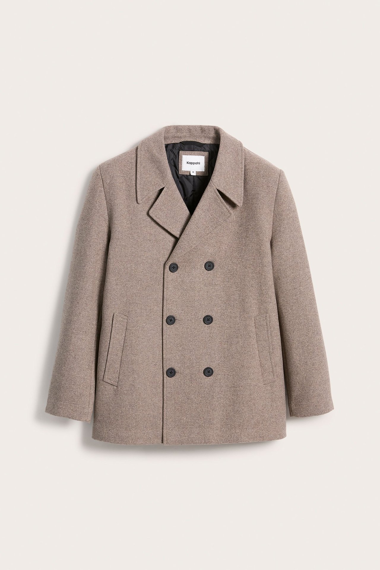 Widok z przodu beżowej melanżowej dwurzędowej kurtki męskiej z szerokimi klapami i ciemnymi guzikami.