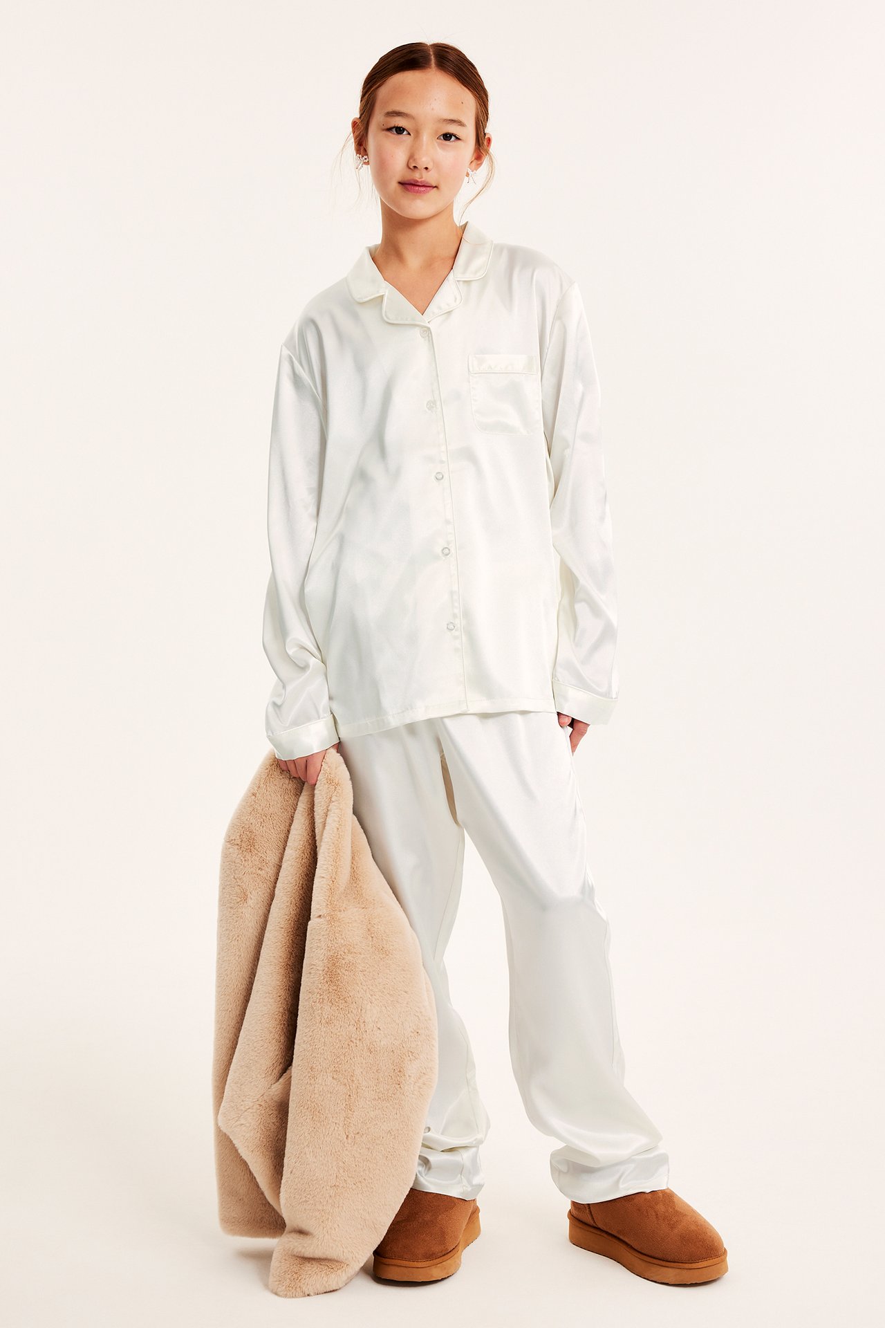 Pyjamas i satin - Offwhite - 5