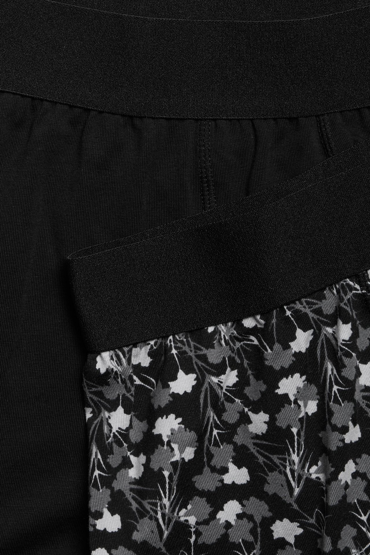 Zbliżenie na dwie męskie bokserki: jedne w szary kwiatowy wzór, drugie jednolicie czarne, obie z czarną gumką.