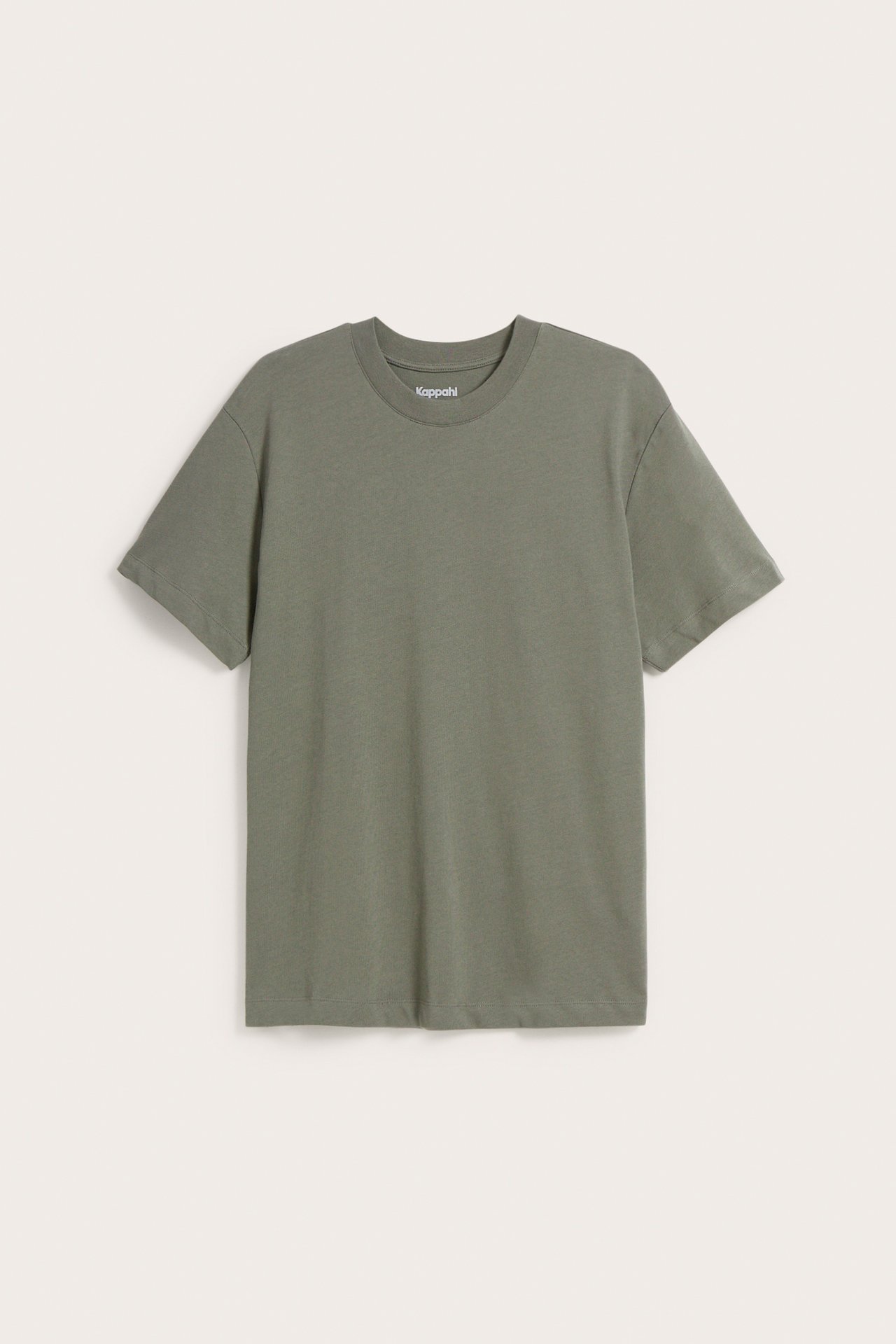 Widok z przodu: ciemnozielony T-shirt ze 100% bawełny, z okrągłym dekoltem, luźnym krojem i krótkimi rękawami.