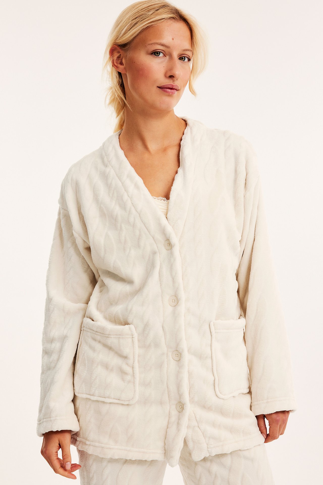 Cardigan i fleece - Lys beige - 1