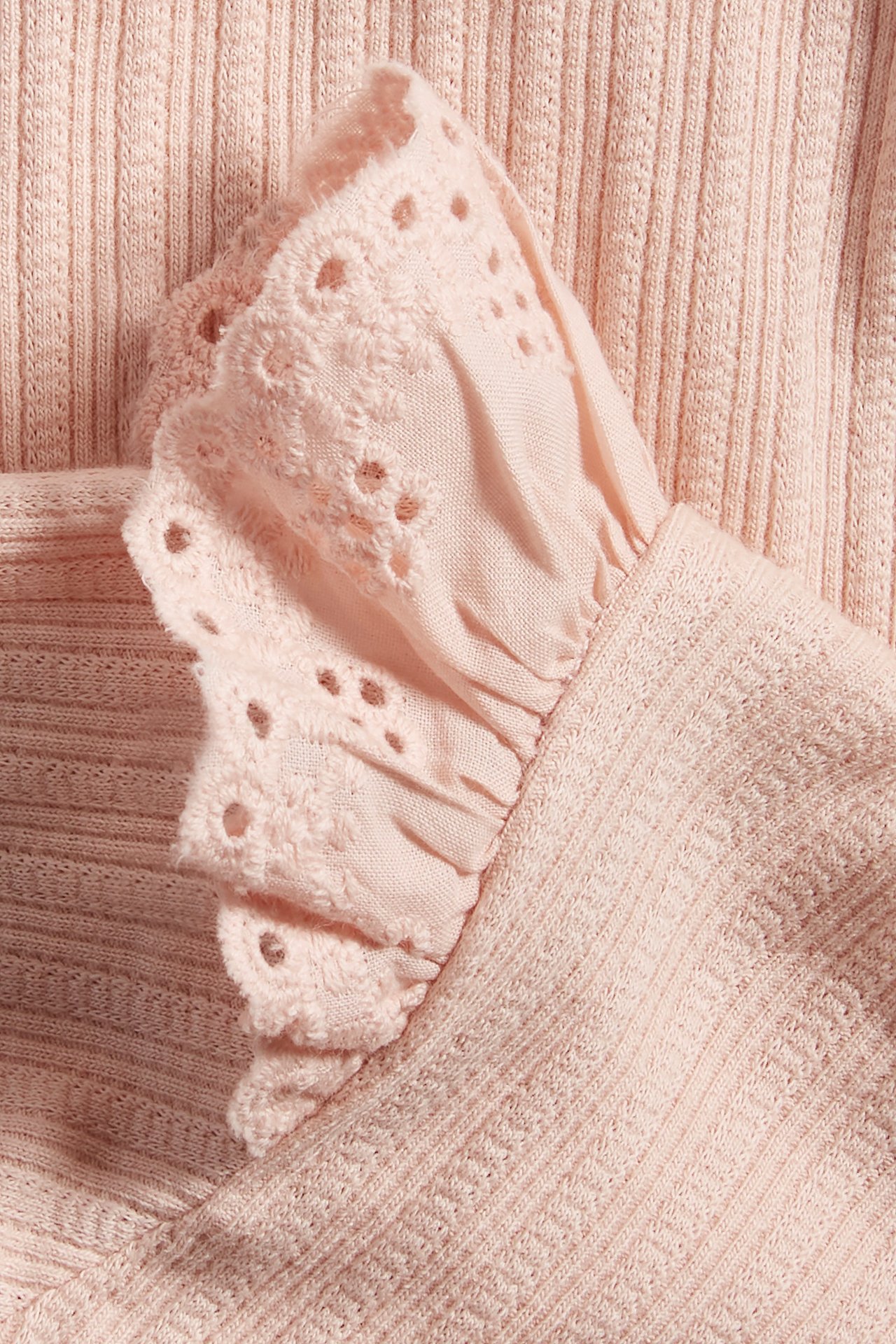 Nærbilde av en lys rosa ribbet babybody med volang og blondedetalj på skulderen.