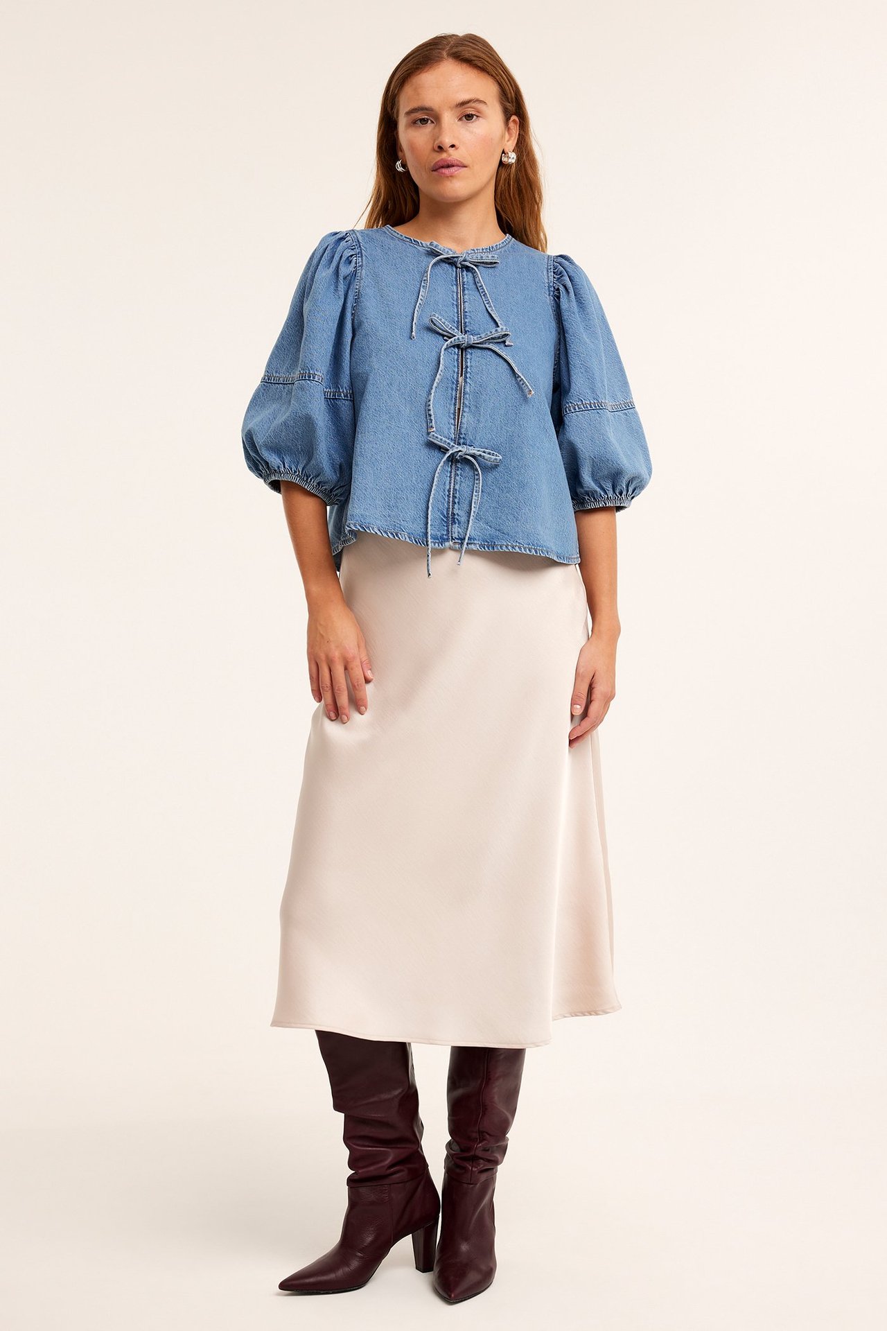 Blus med knytning fram - Denim - 179cm / Storlek: S - 3