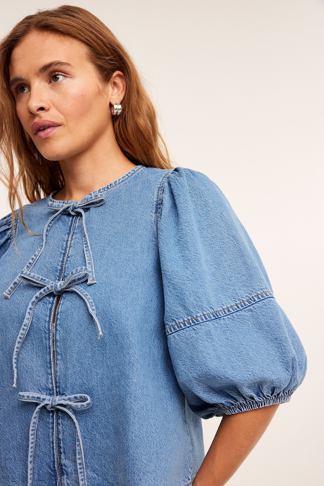 Blus med knytning fram - Denim - 179cm / Storlek: S - 4