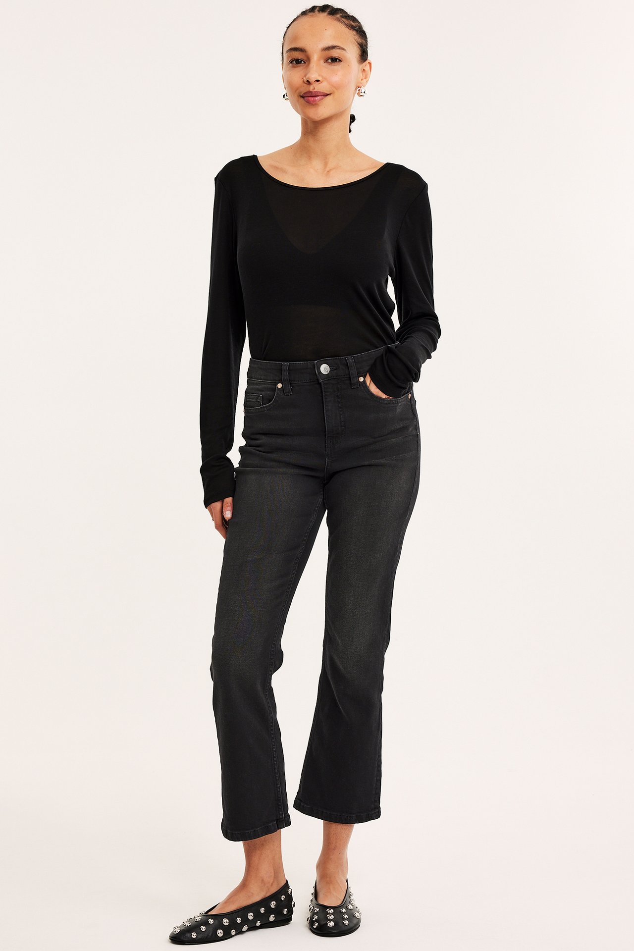 Cropped flare jeans regular waist - Tvättad svart denim - 1