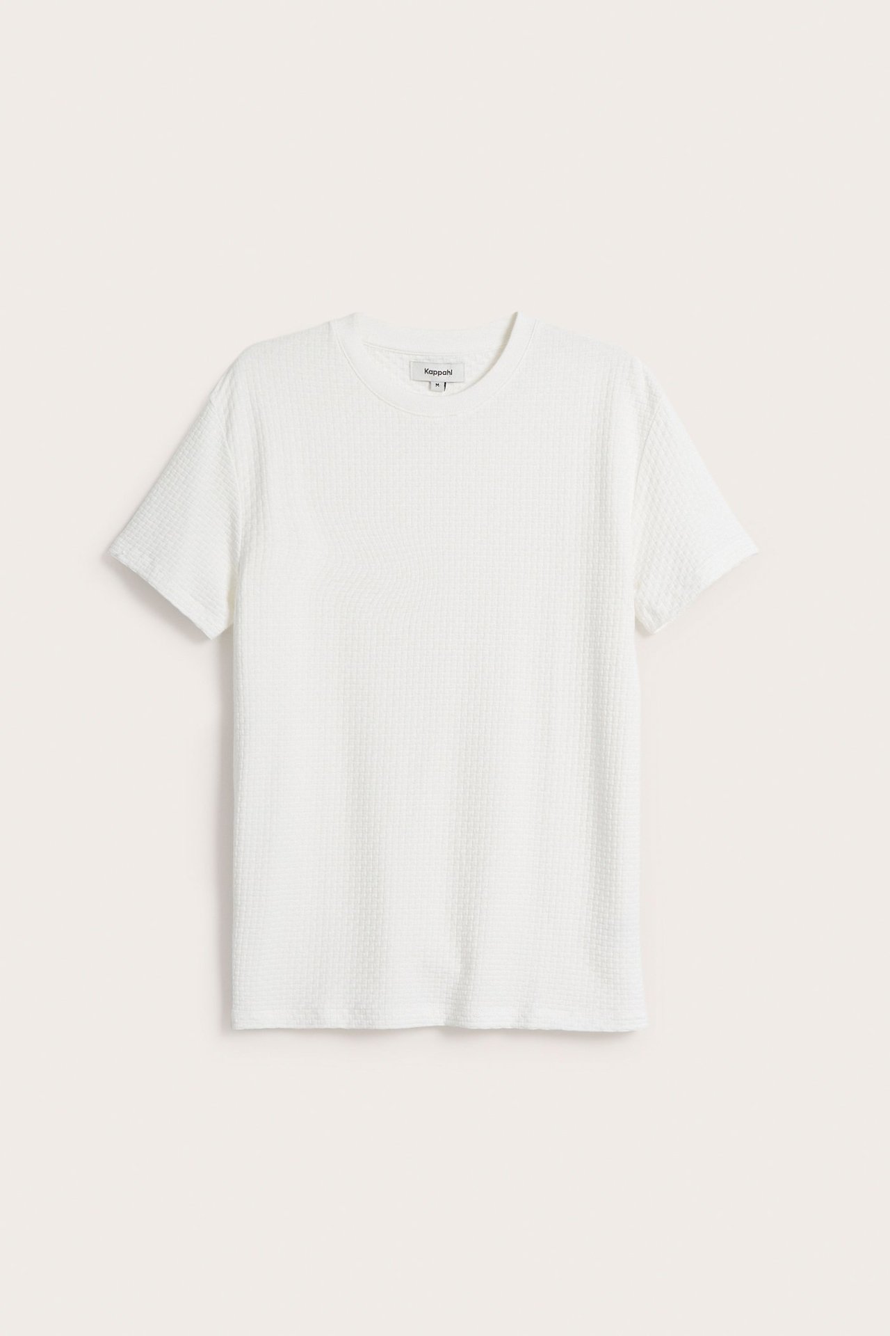 Widok z przodu na męski, kremowy, krótki rękaw, t-shirt z bawełnianej dzianiny o strukturze.
