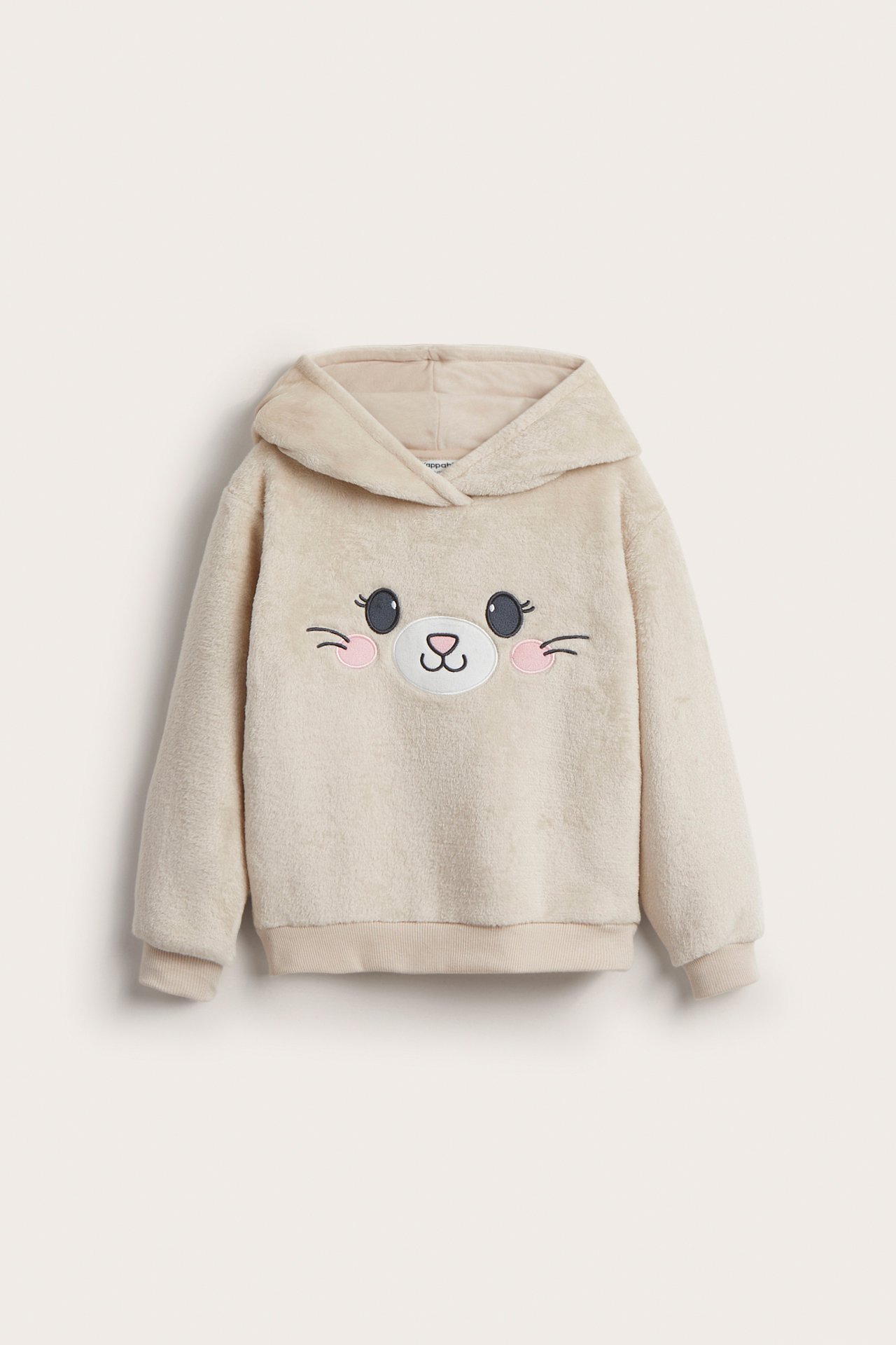 Frontvisning: Barns beige lodne fleecehettegenser med brodert katteansikt og påsydde ører på hetten.