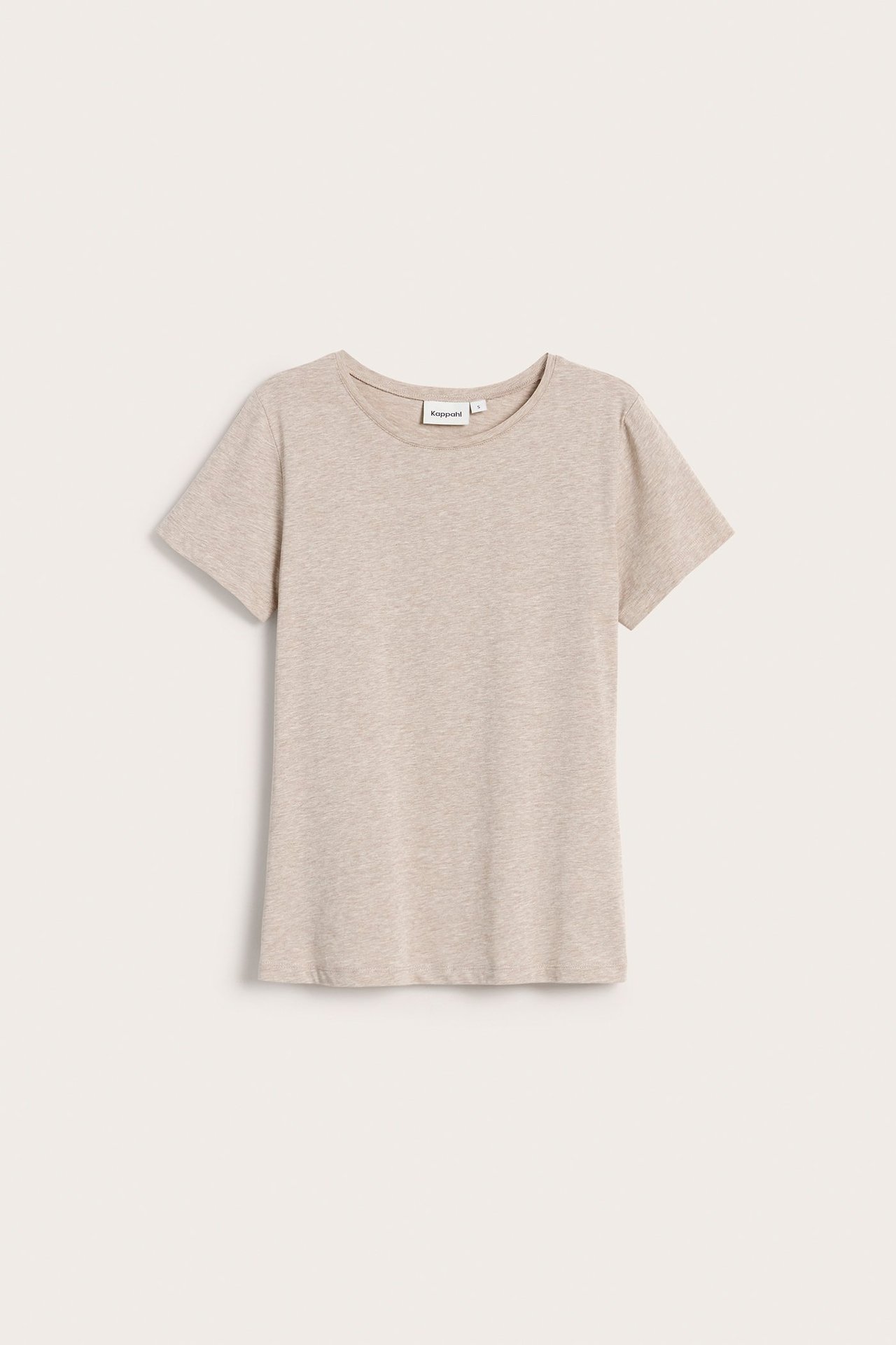 Frontvisning av en beige melert kortermet basistopp med rund hals.