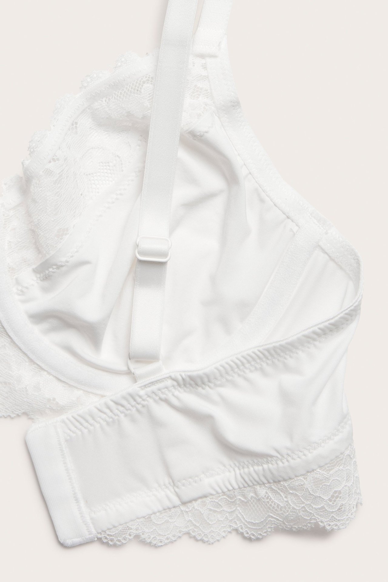 Zbliżenie białego, nieusztywnianego biustonosza z delikatnymi koronkowymi detalami i regulowanymi ramiączkami.