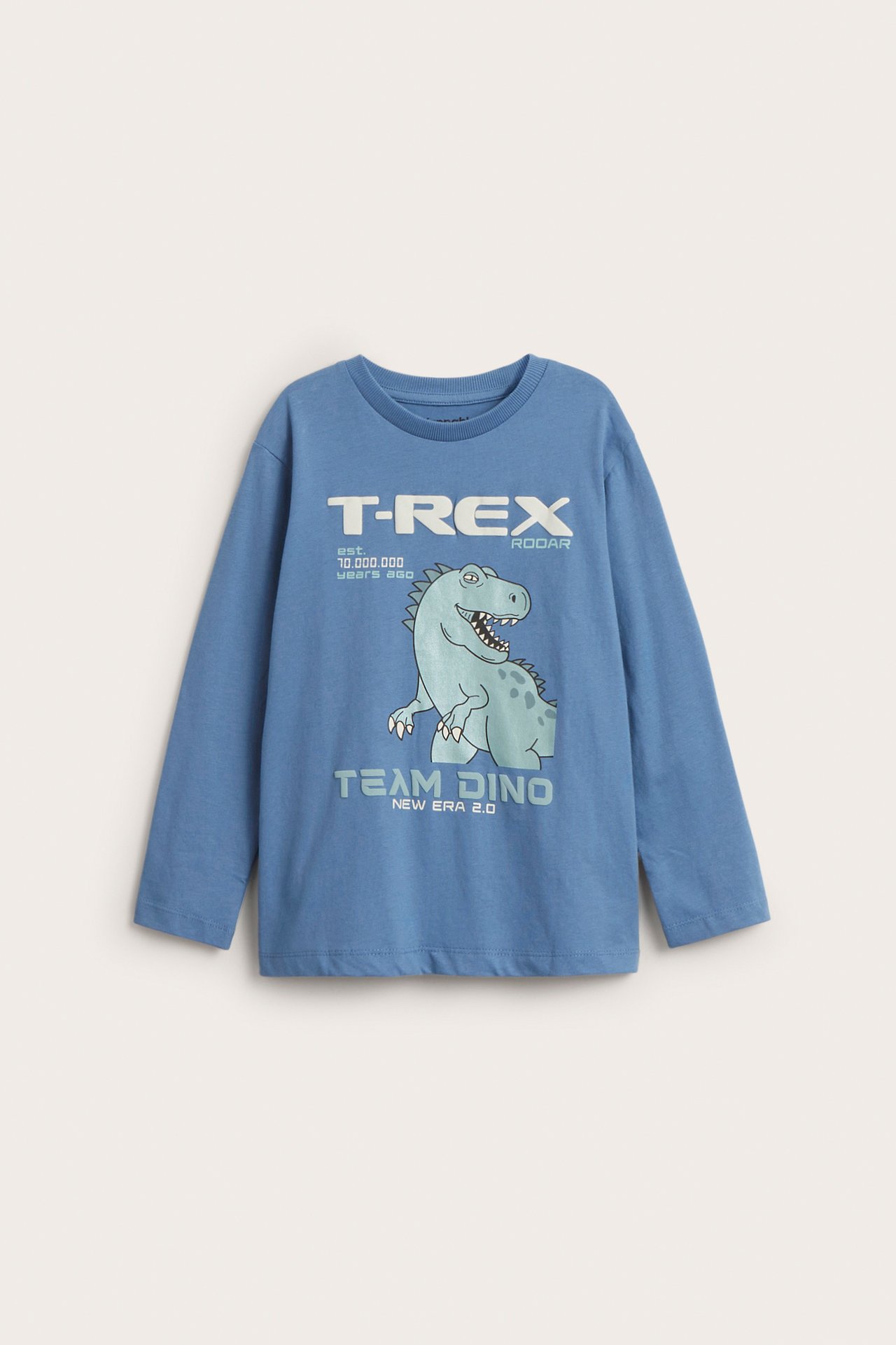 Edestä: Lasten sininen puuvillainen pitkähihainen t-paita metallisella T-rex- ja "T-REX TEAM DINO" -painatuksella.