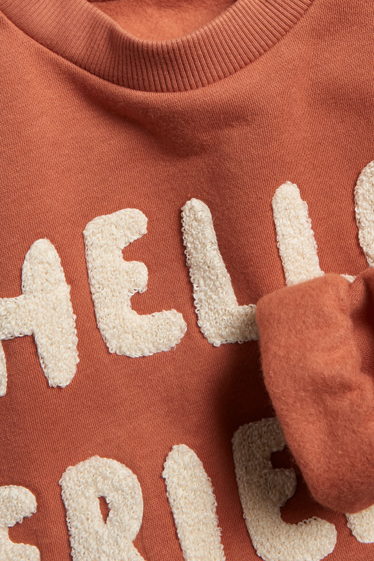 Nærbilde av en brun sweatshirt med kremfarget frottéapplikasjon 'HELLO FRIENDS' og ribbet krage.