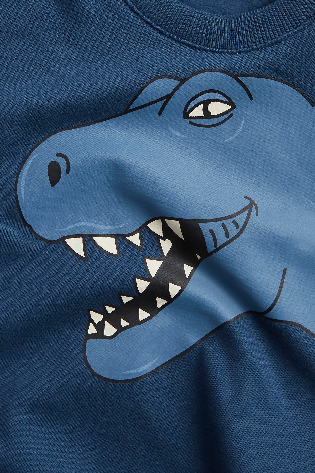 Lähikuva lasten tummansinisestä puuvillapaidasta, jossa on vaaleansininen dinosauruskuva.