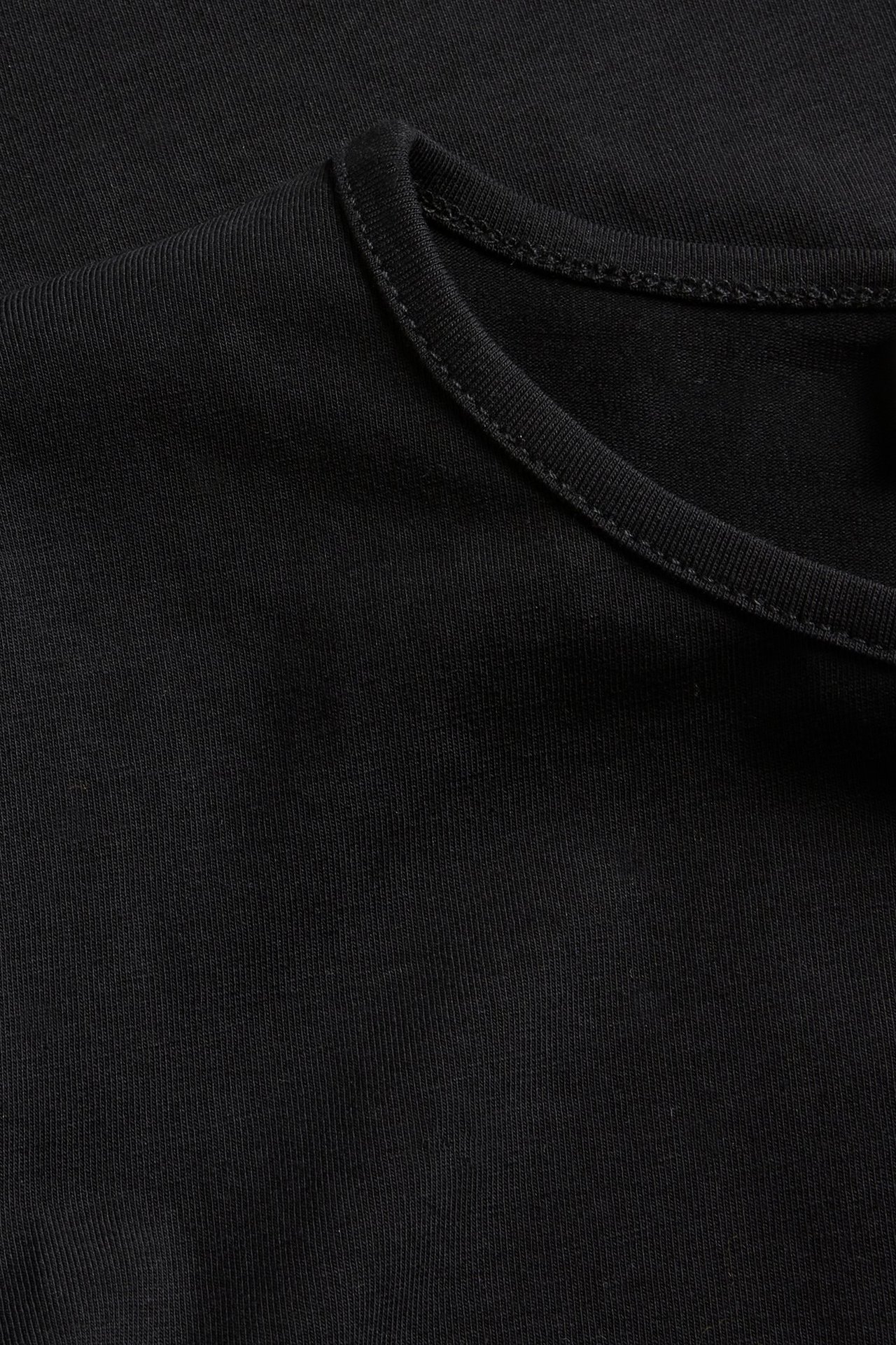 Zbliżenie na gładki czarny T-shirt z mieszanki bawełny, pokazujące prążkowany okrągły dekolt i teksturę materiału.
